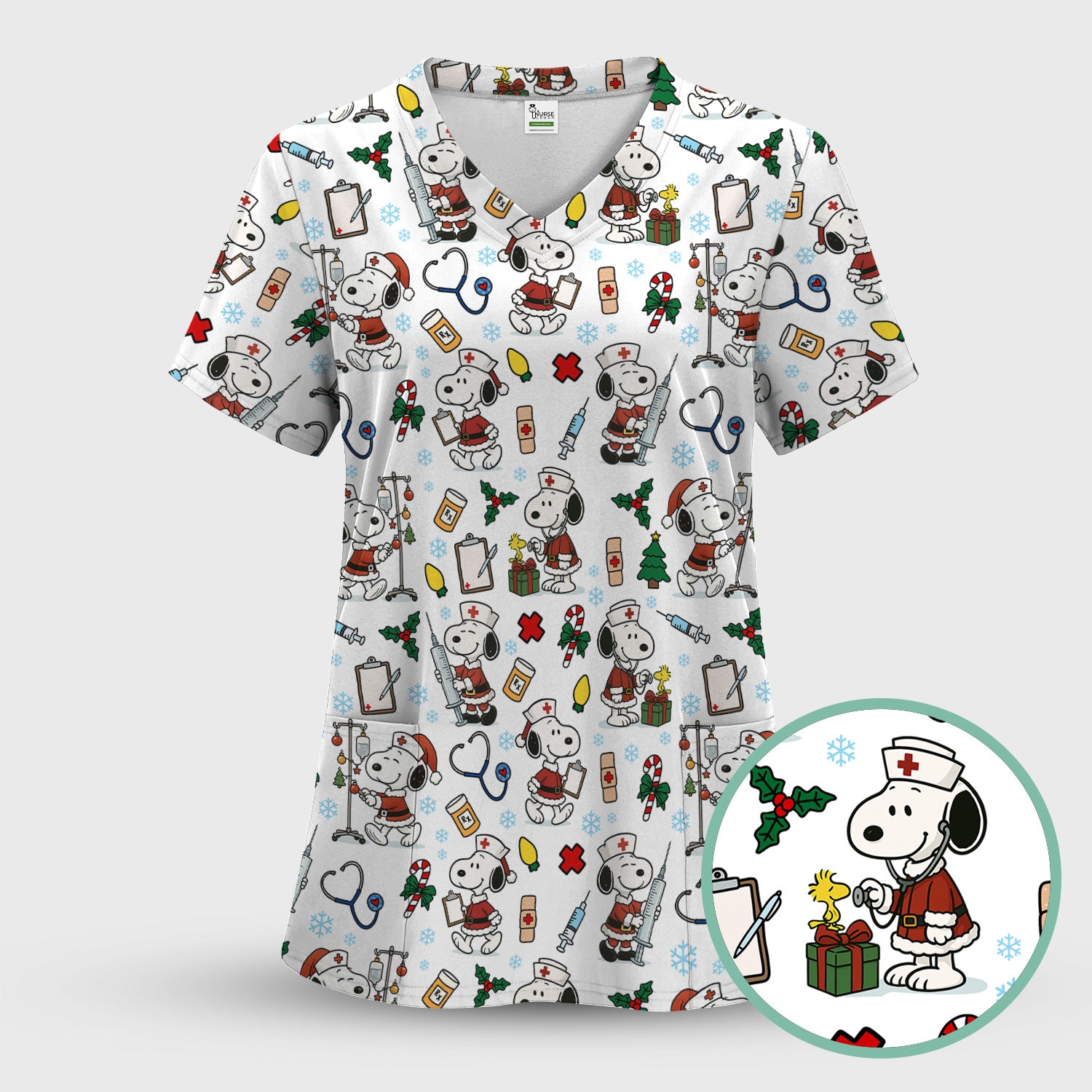 Custom Christmas Scrub Top for Nurses - Snoopy Holiday Scrub Shirt Multi Color - Cute Funny Nursing Workwear with Pockets