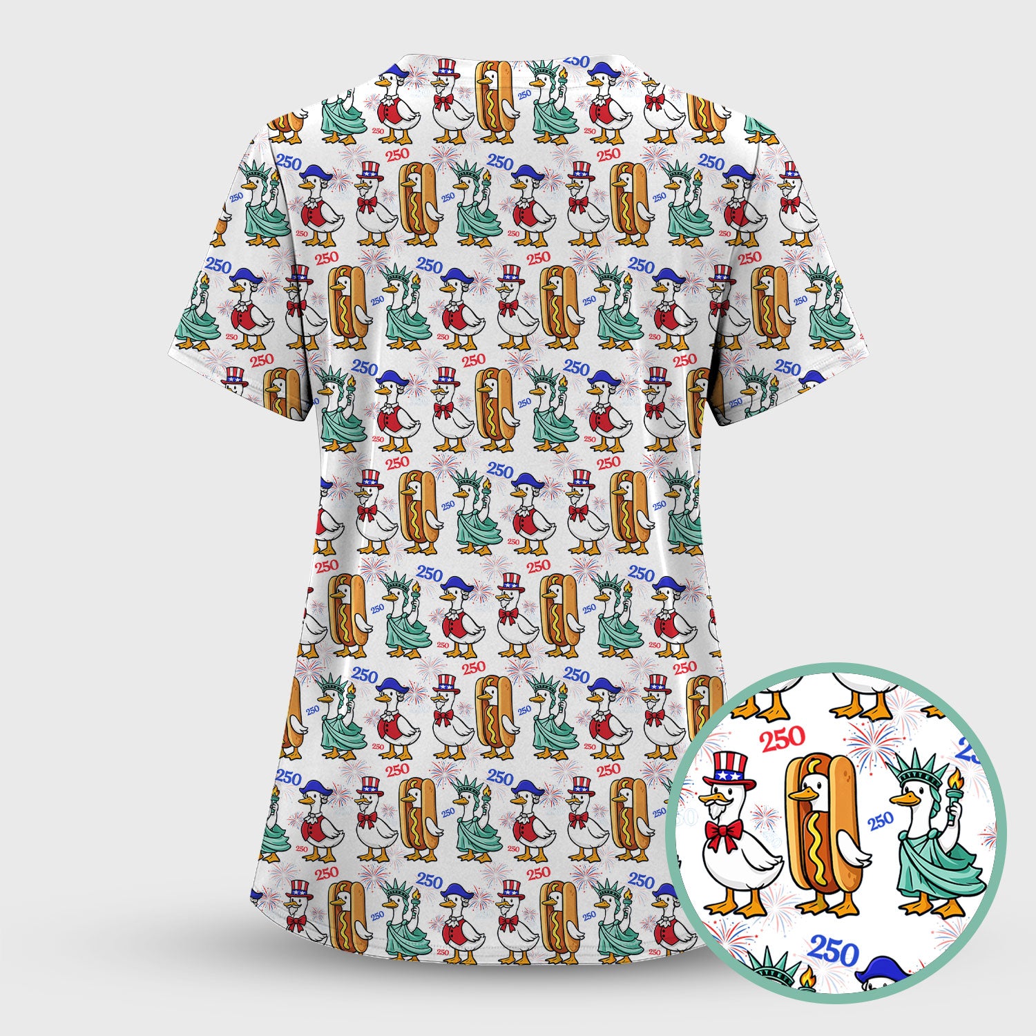 Patriotic Duck Independence Day Pattern Scrub Set, Scrub Pants and V Neck Top
