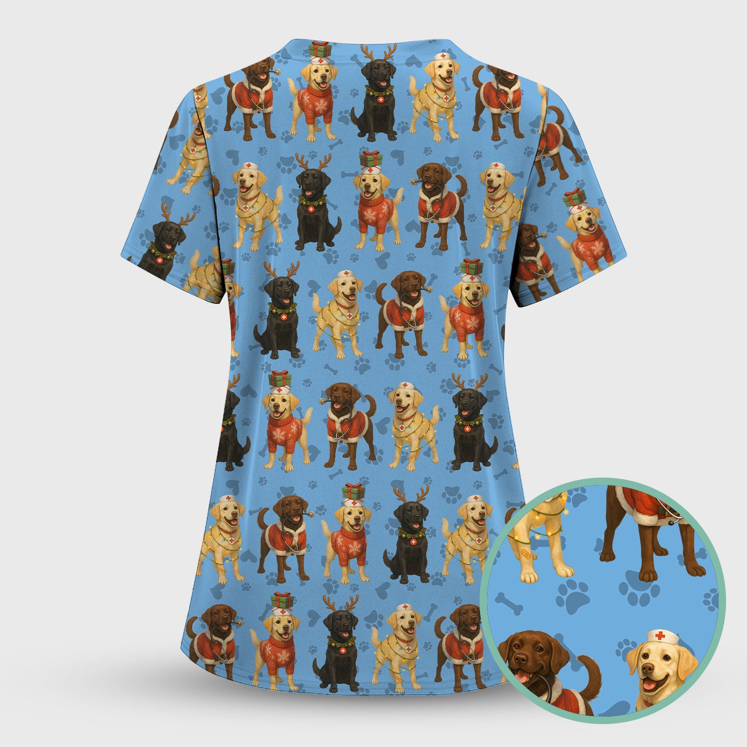 Dog Scrubs Christmas Set for Women - Labrador Puppy Pattern Scrub Top & Pants - Holiday Christmas Scrubs with Cute Dog Print