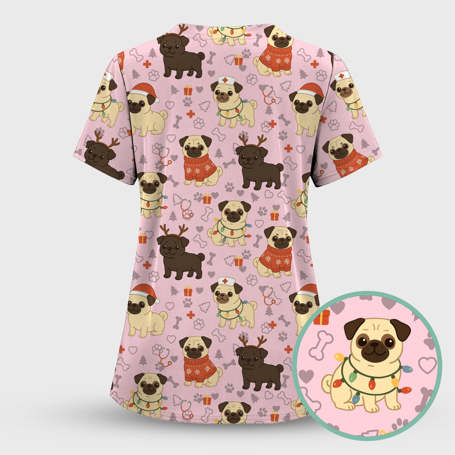 Funny Pug Christmas Nurse Scrub Set for Women - Cute Dog Pattern Holiday Medical Scrubs Top and Pants - Gift for RN LPN CNA