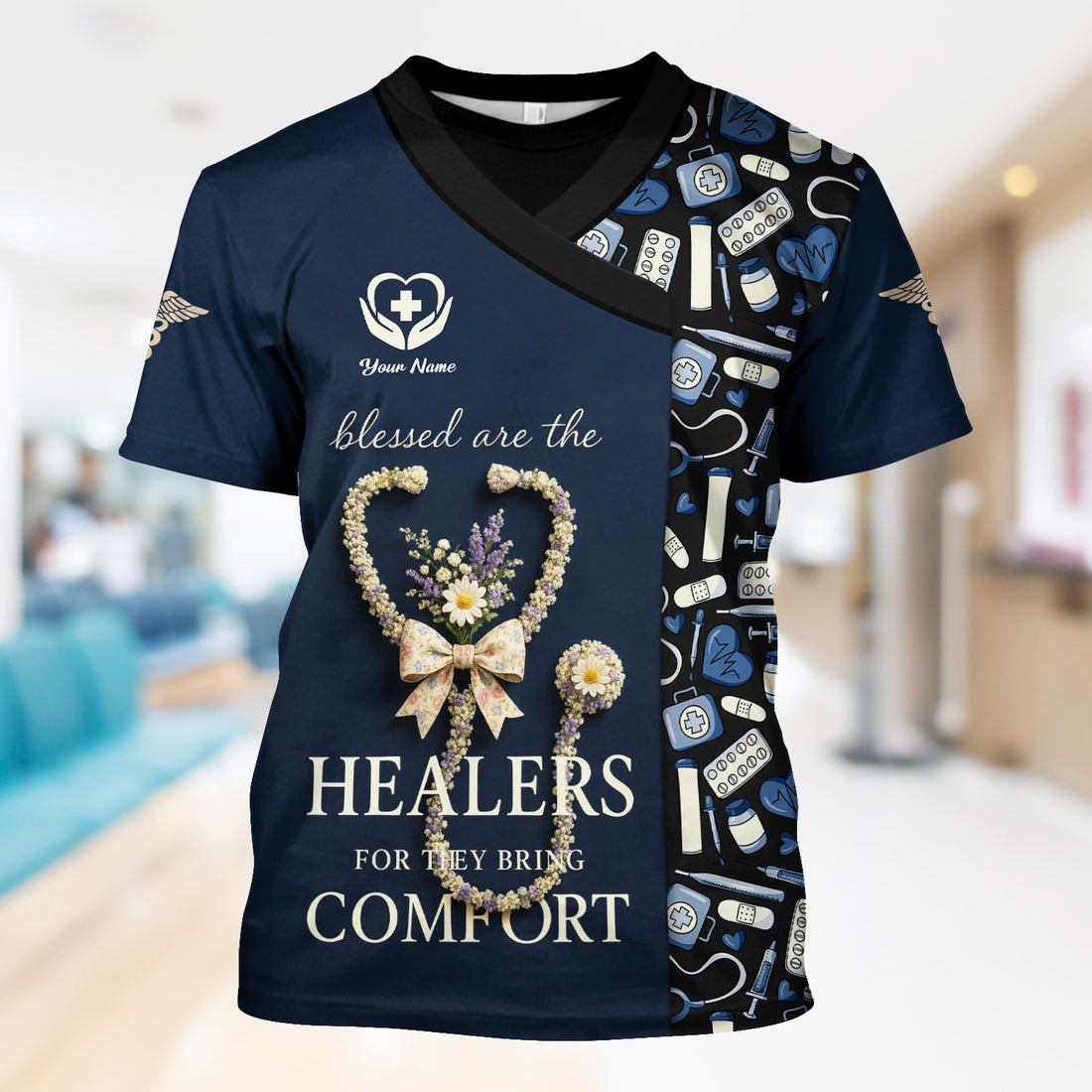 Personalized Blessed Healer Scrubs for Women RN CNA LPN - Floral Heart Stethoscope Design with Inspirational Quote - Custom Name Gift for Healthcare Workers & Nurses