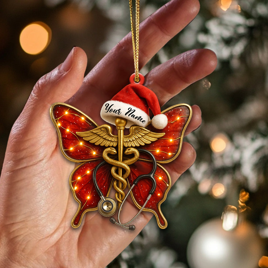 Personalized Butterfly Caduceus Nurse Ornament – Custom Name Medical Christmas Decor for Healthcare Workers