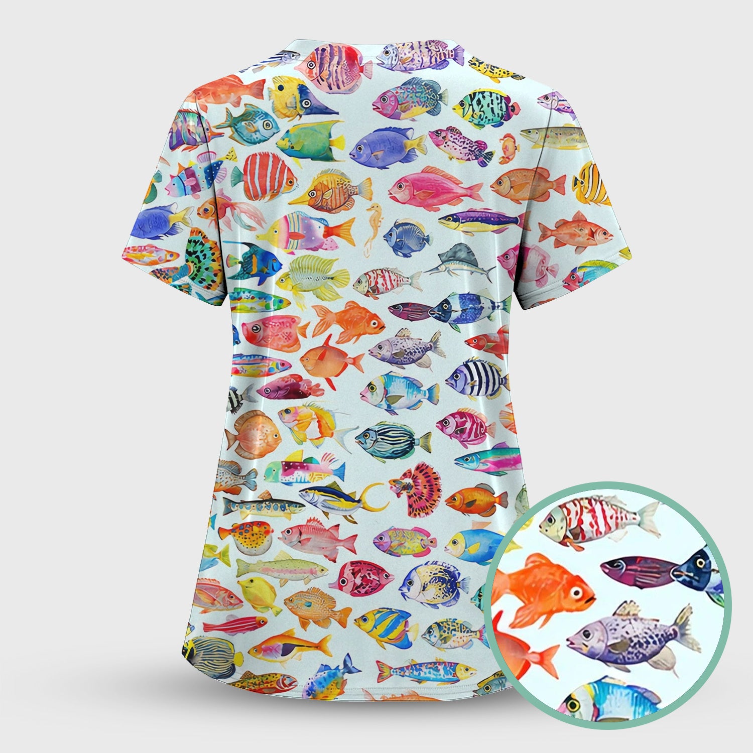 Colorful Tropical Fish Print Scrub Set, Scrub Pants and V Neck Top