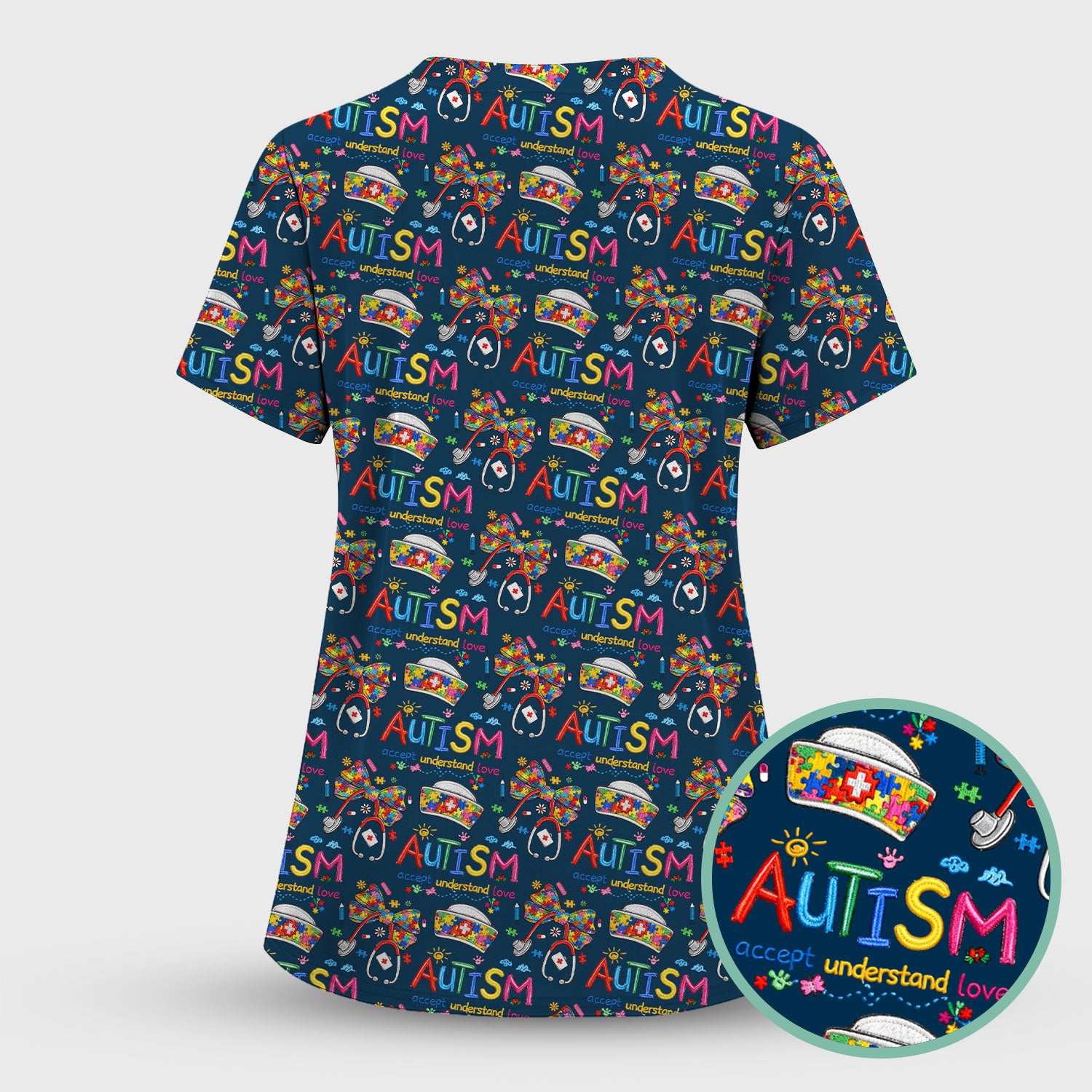 Autism Awareness Pattern Nurse Scrub Top, Accept Understand Love Puzzle Nurses Shirt, Breathable Fabrics Nursing Uniform