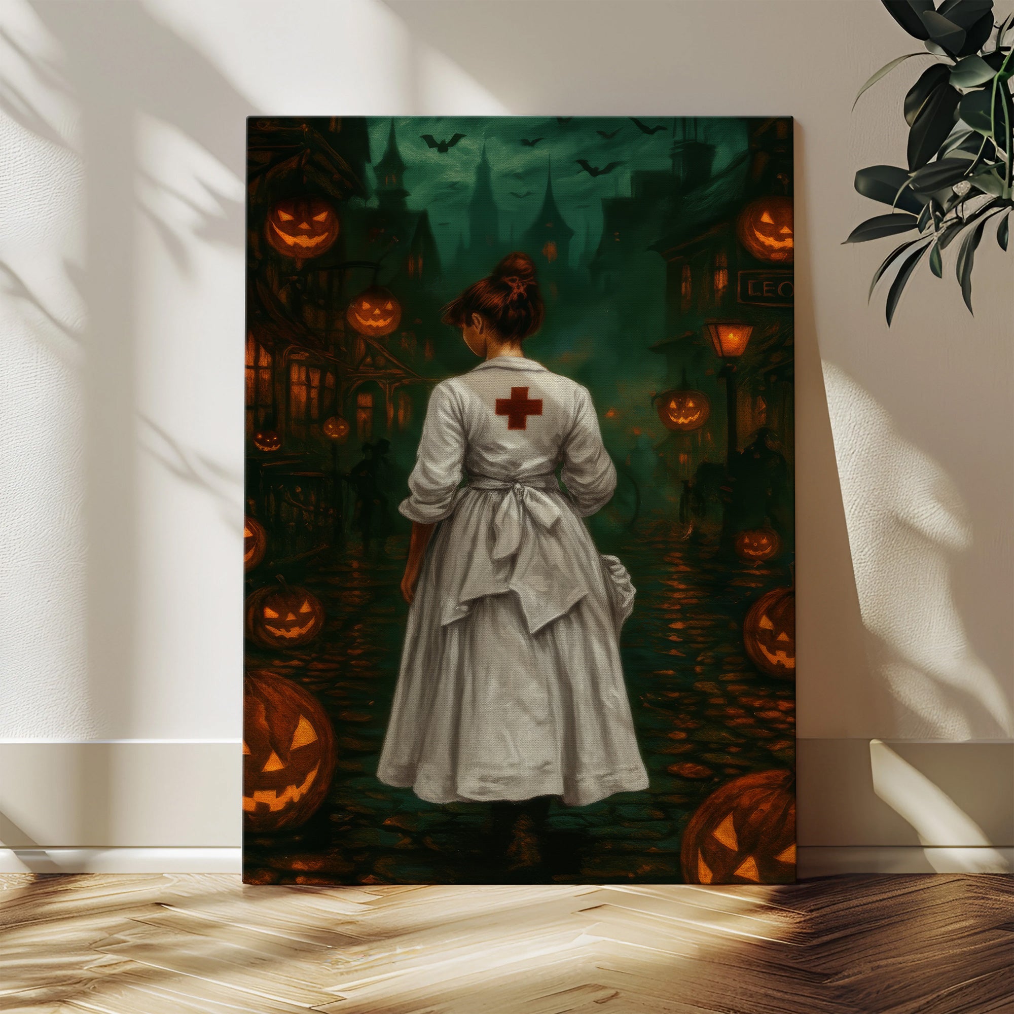 Creepy Vintage Nurse Canvas for Halloween, Haunted Street & Glowing Pumpkin, RN LPN CNA Gift