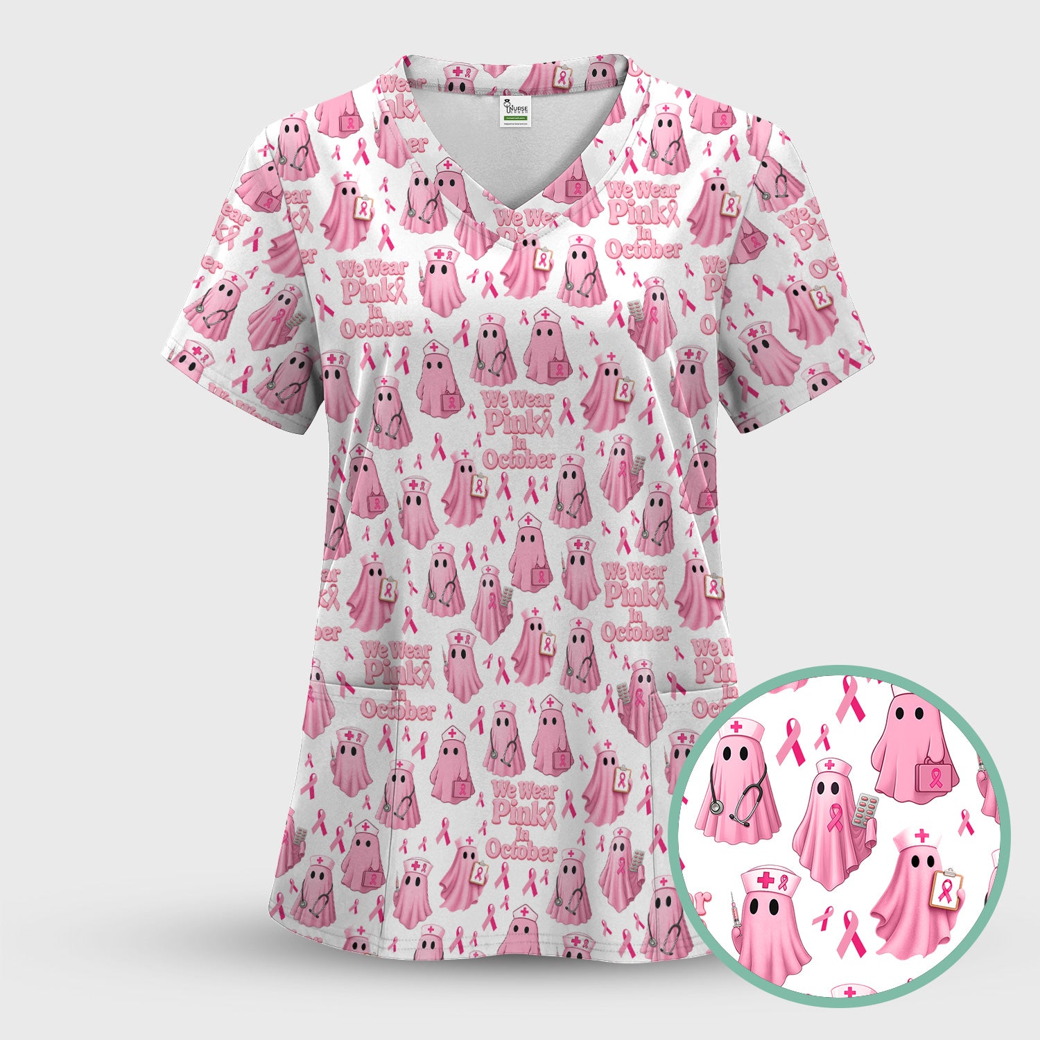 Funny Breast Cancer Awareness Scrub Top - We Wear Pink In October & Ghost Nurse Design - Gift for RN LPN CNA