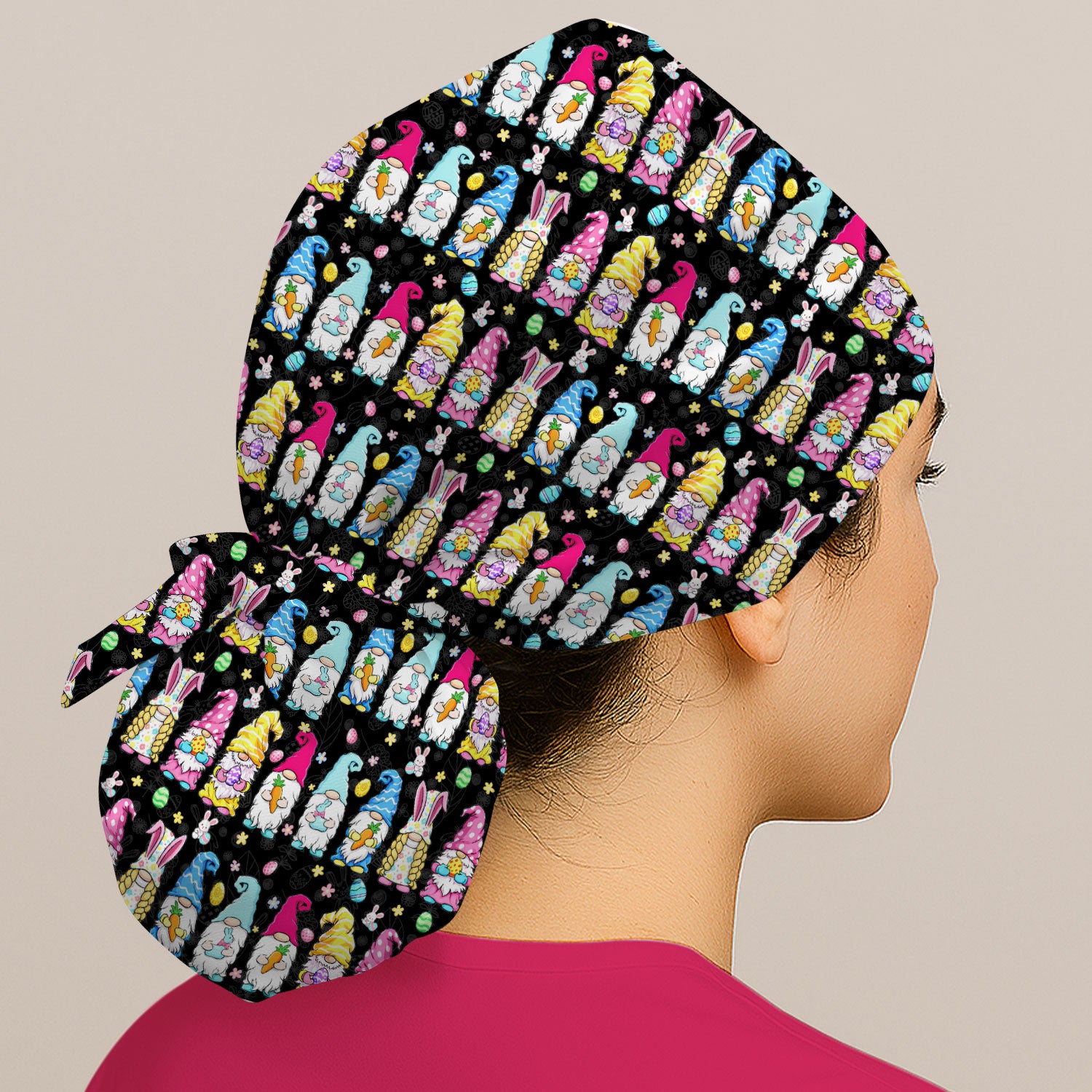 Colorful Easter Gnome Bunny Eggs Pattern Cap, Bouffant Scrub Caps for Women