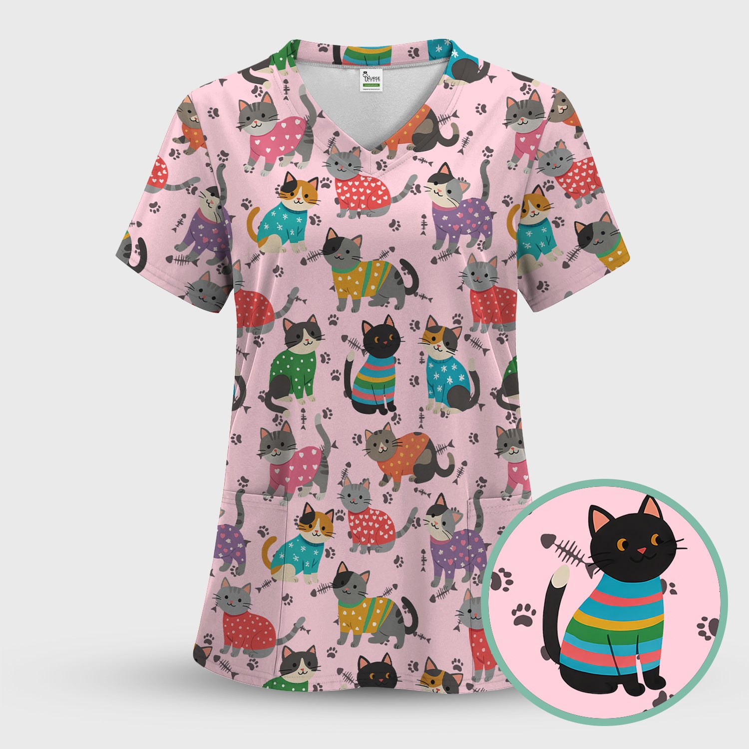 Custom Cat Scrub Top Multi Color - Cute Kitty Print Scrub Shirt for Nurses - Funny Colorful Nursing Workwear with Pockets