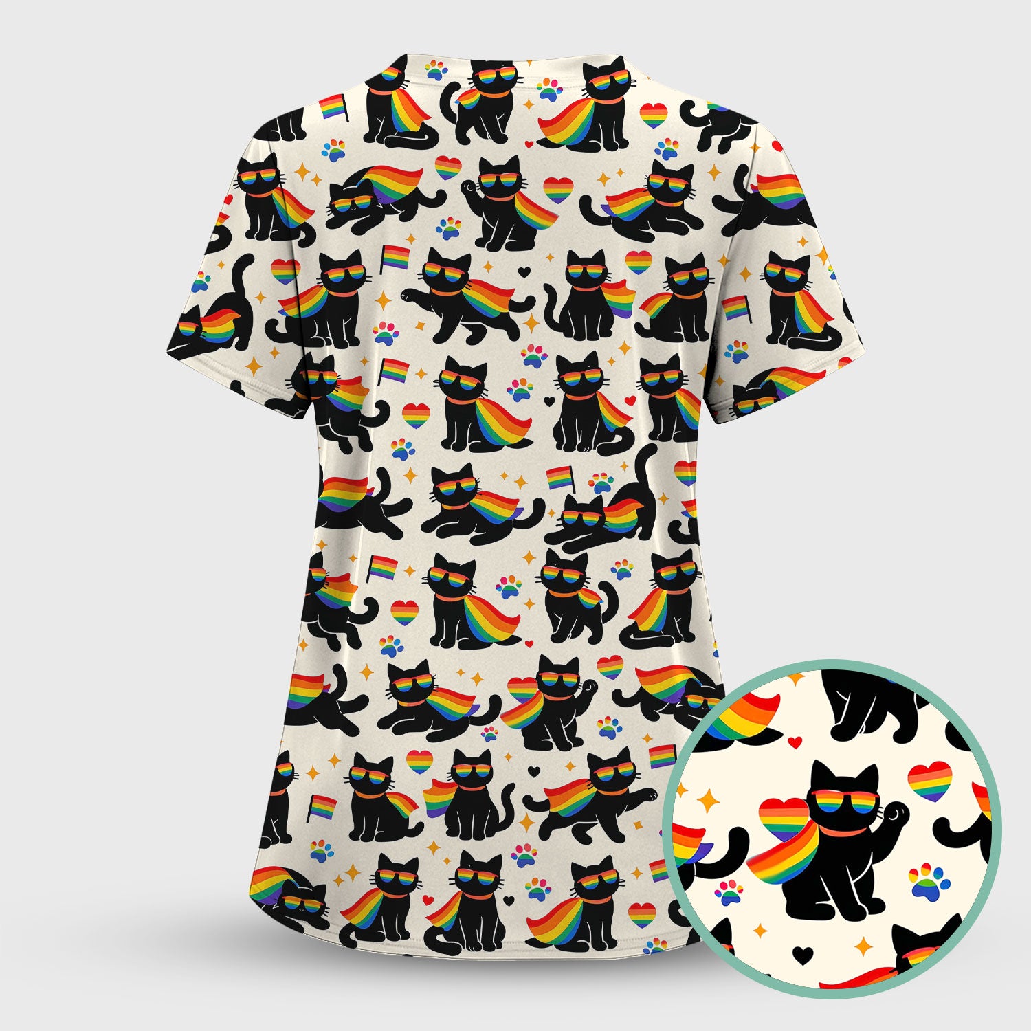 Rainbow Black Cat Pride Pattern Scrub Top, Breathable Fabrics Nursing Uniform