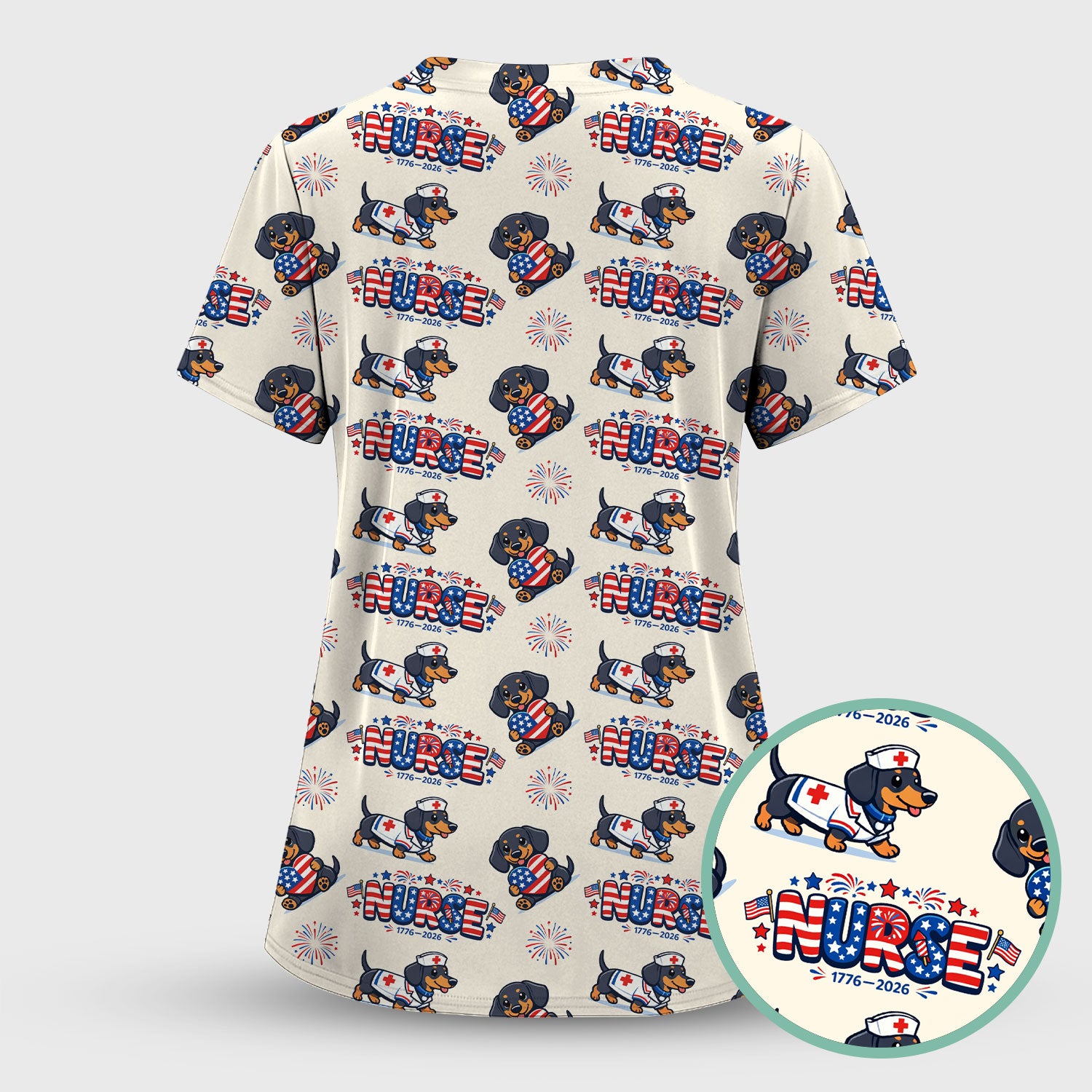 Proud Nurse Patriotic Dachshund Medical Firework Pattern Scrub Set, Nurse Uniform Scrubs Set