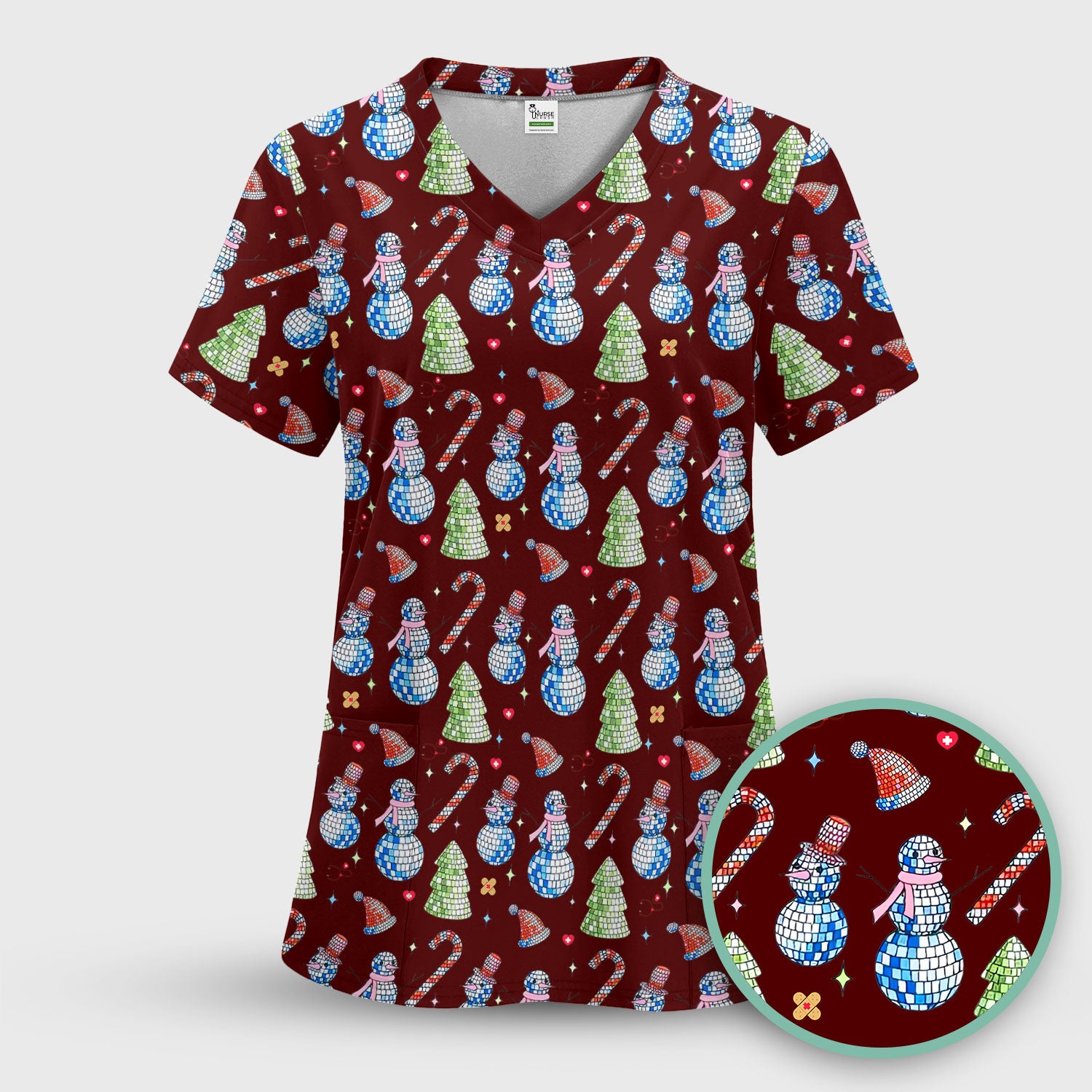 Funny Christmas Snowman Scrub Top for Women - Breathable Fabrics Med Uniform - Comfortable Scrubs for Nurses - Xmas Gift for Her