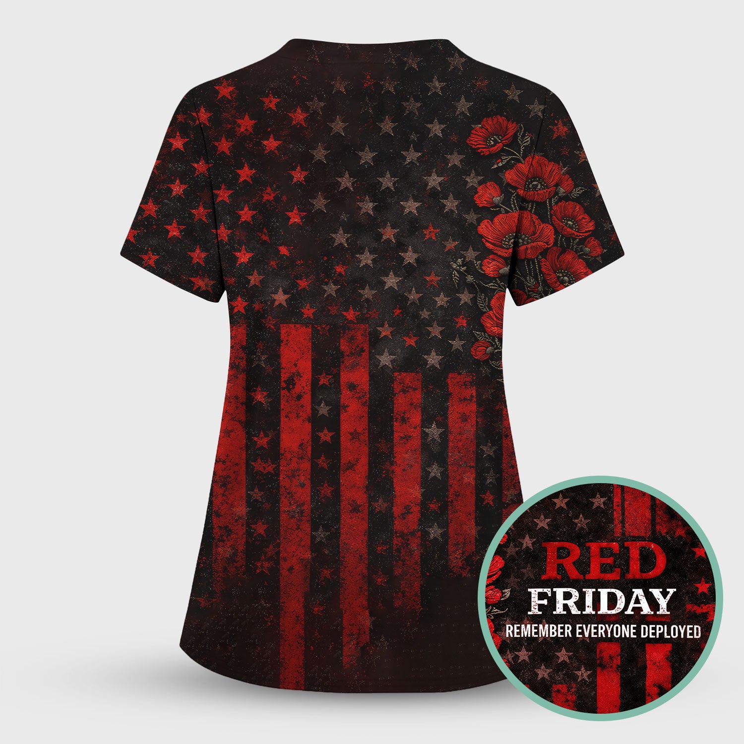 Red Friday Nurse American Flag Poppy Scrub Set, Scrub Pants and V Neck Top