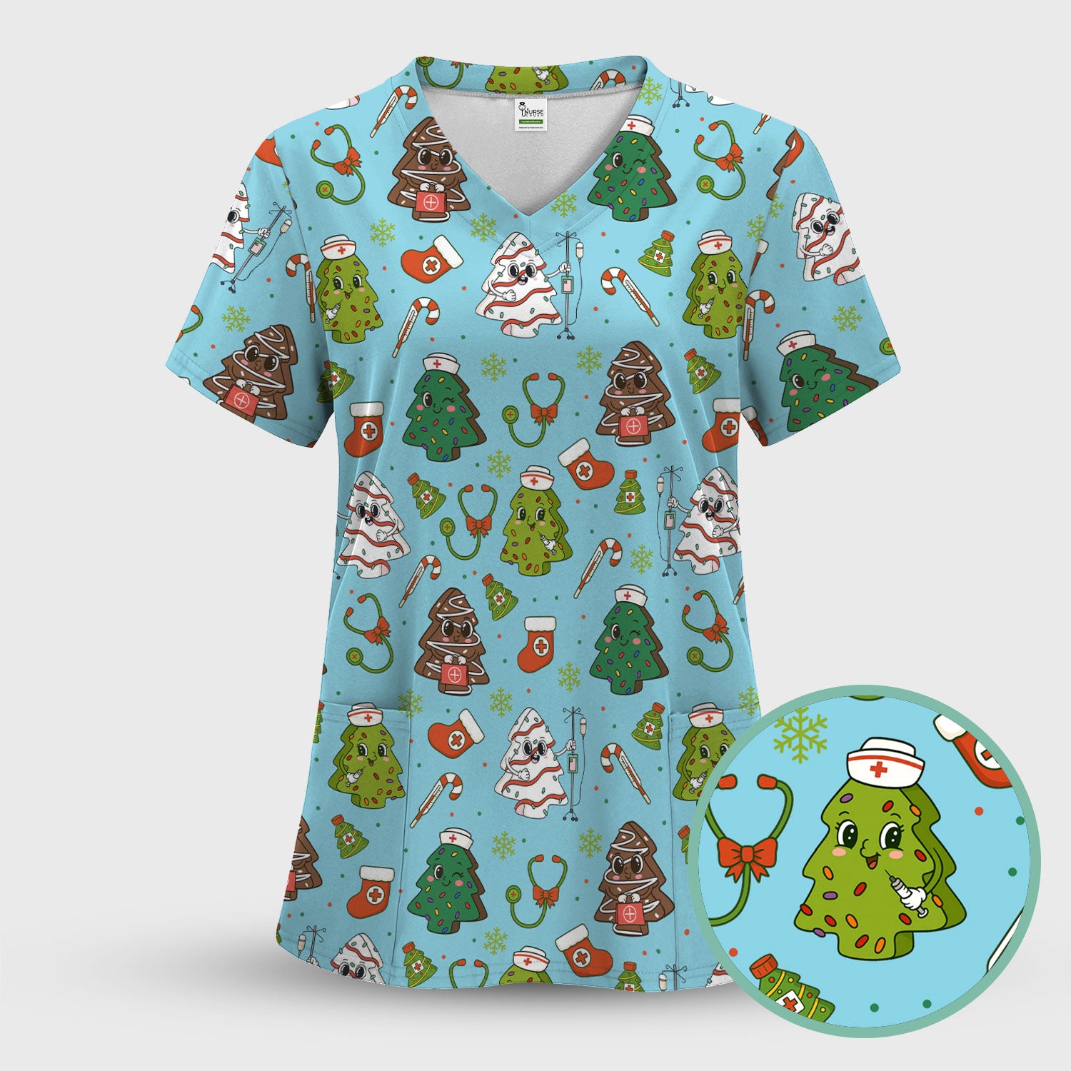 Funny Christmas Tree Nurse Scrub Top - Cute Holiday Pattern Nursing Shirt for Women - Festive Medical Gift for RN LPN CNA