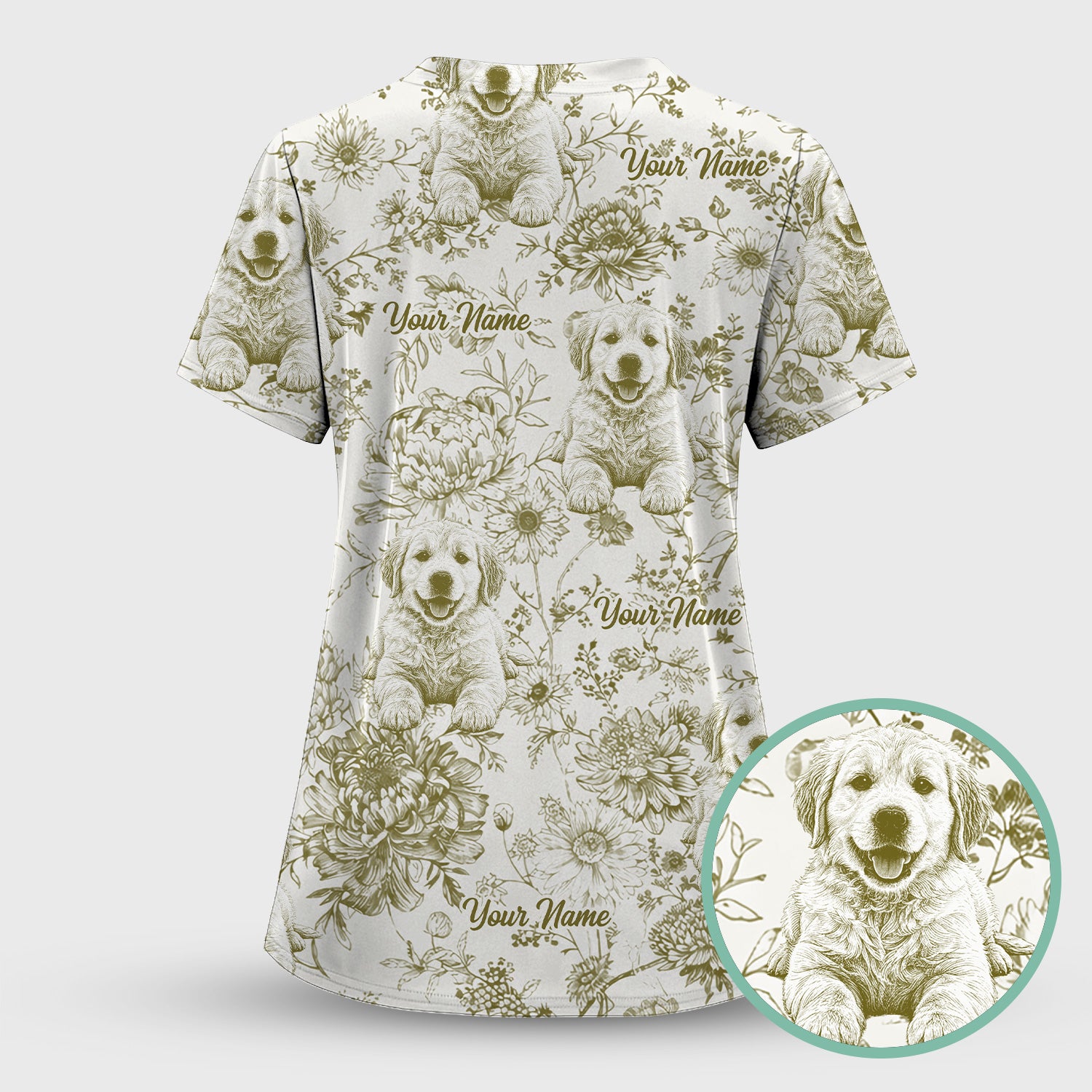 Personalized Custom Pet Photo Name Floral Pattern Scrub Top, Breathable Fabrics Nursing Uniform