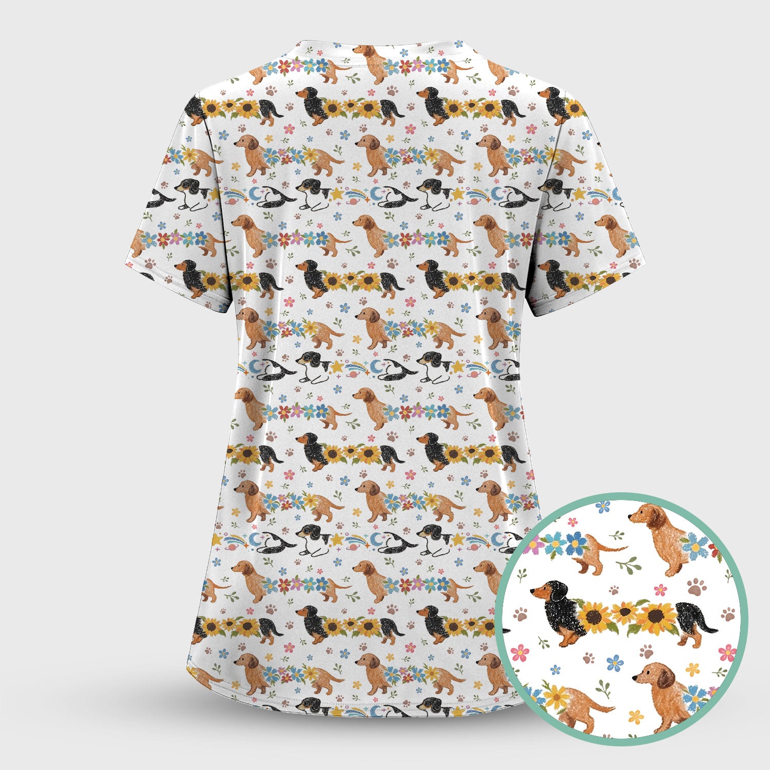 Floral Wiener Dog Pattern Scrub Set, Scrub Pants and V Neck Top