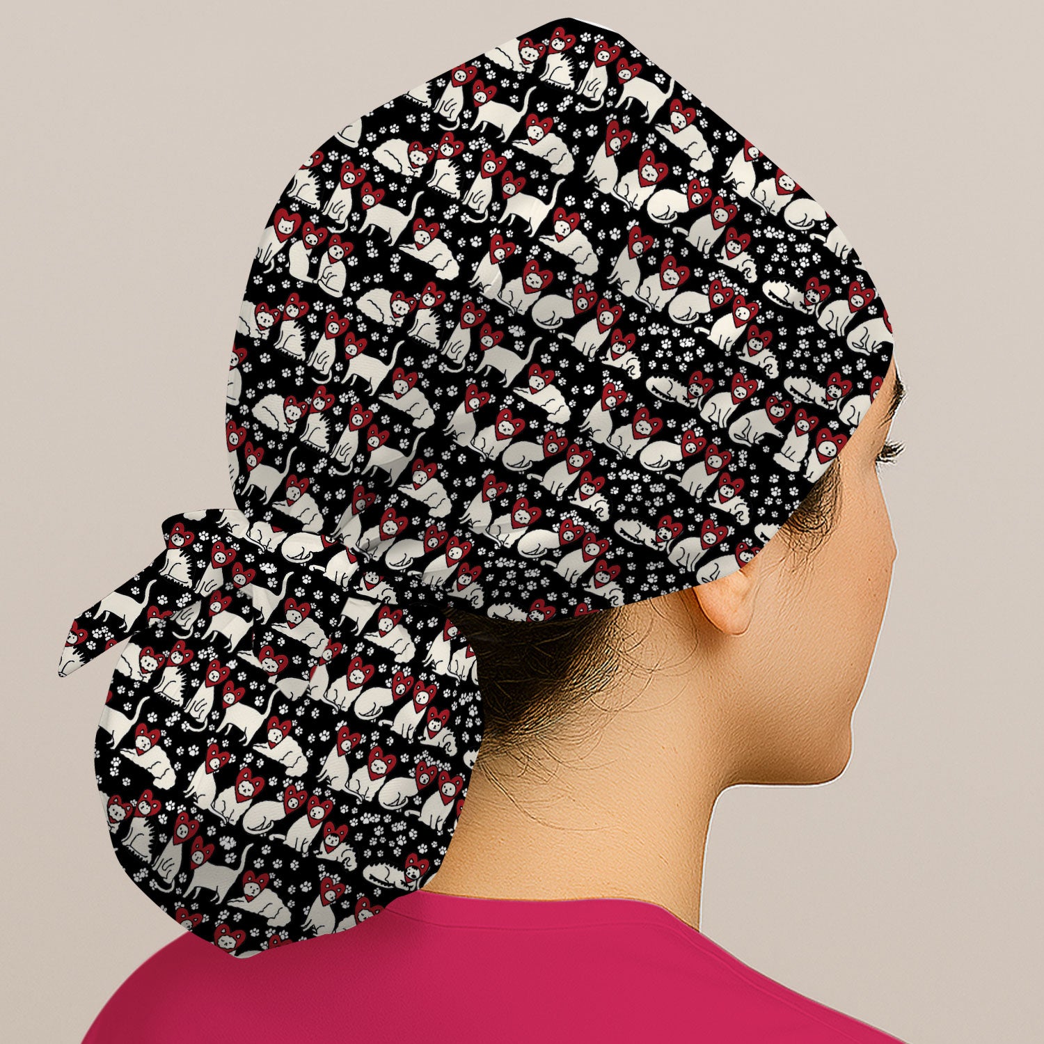Cute Cat Heart Pattern Scrub Cap, Funny Cat Scrub Hat For Nurses, Breathable Fabrics Nursing Uniform