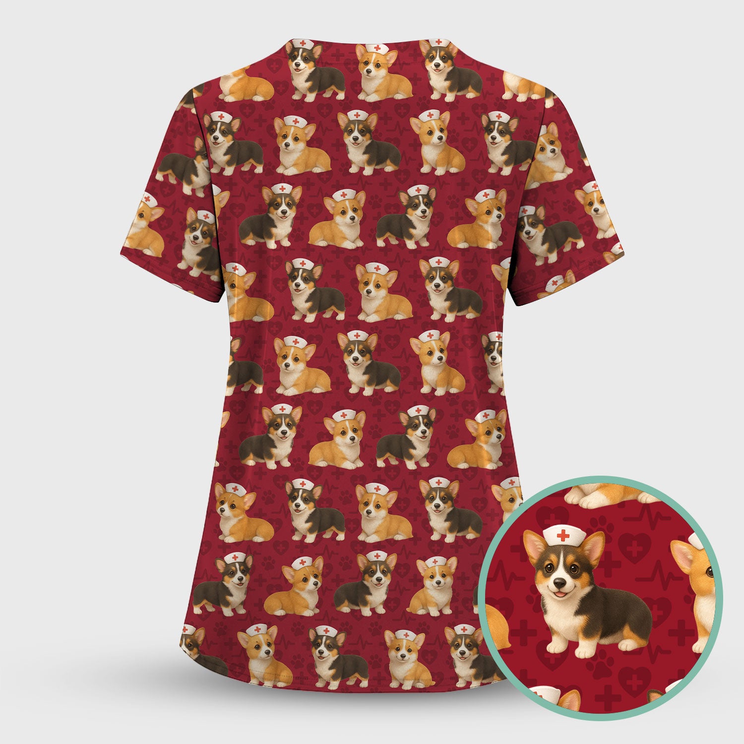 Christmas Corgi Scrubs for Women - Cute Dog Pattern Medical Scrub Top - Festive Holiday Christmas Scrubs with Adorable Corgi Design