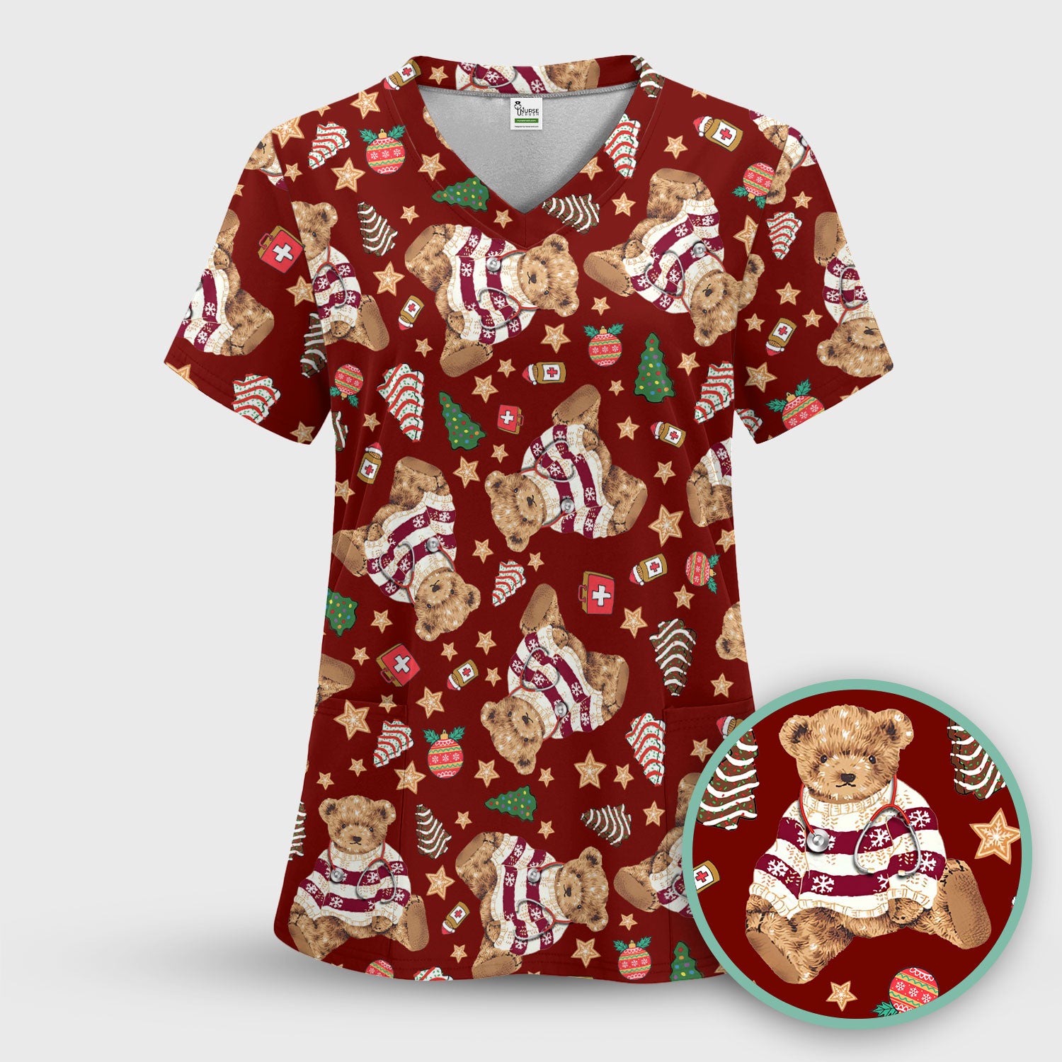 Teddy Bear Christmas Scrub Top - Cute Holiday Medical Pattern with Warm Sweater Bear - Gift for Nurses RN CNA LPN