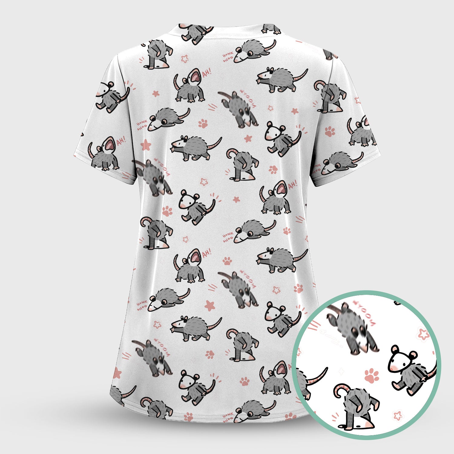 Playful Cartoon Opossum Character Pattern Scrub Top, Breathable Fabrics Nursing Uniform