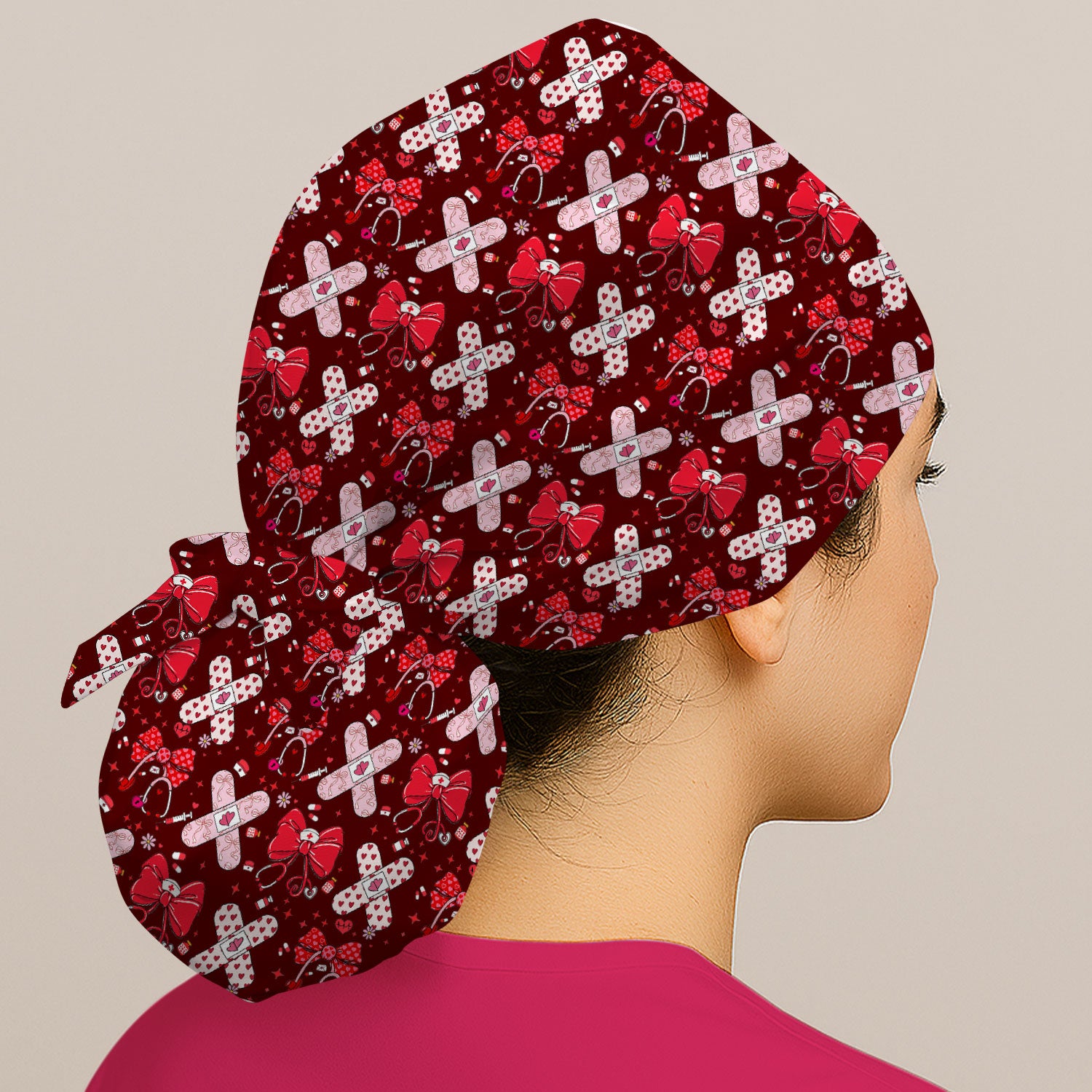 Valentine Nurse Scrub Cap, Red Bow And Heart Bandage Pattern Medical Hat, Breathable Fabrics Nursing Uniform