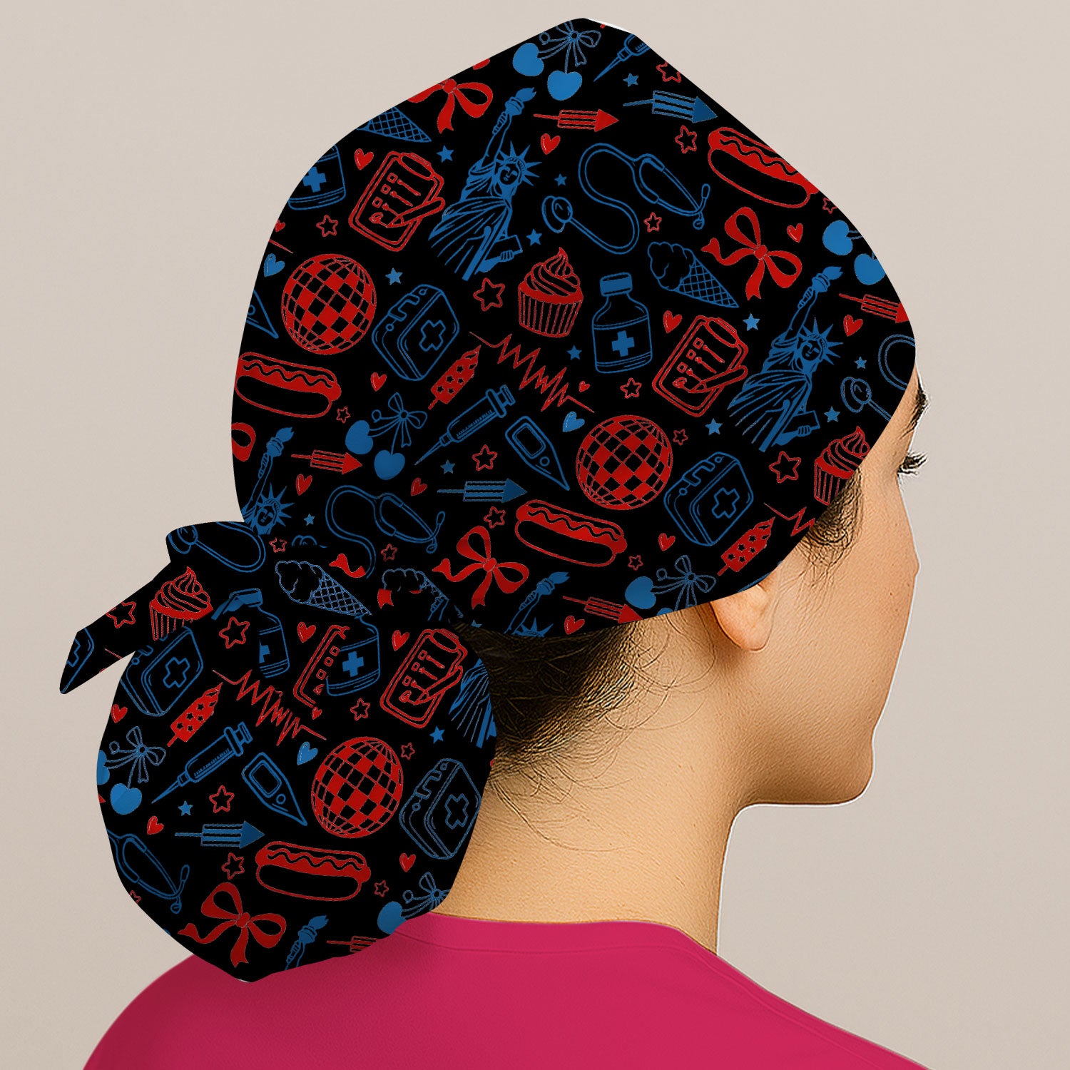 Patriotic Nurse Medical Icons Pattern Print Cap, Bouffant Scrub Caps for Women