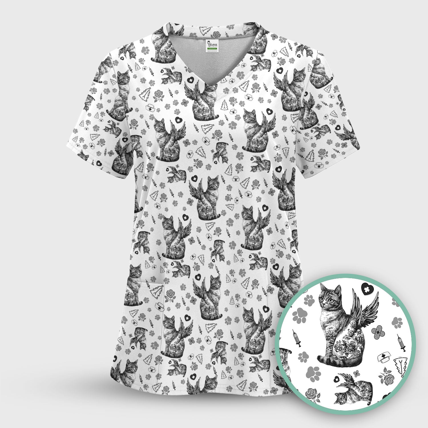 Toile de Jouy Cat Angel Scrub Top - Blue Vintage Nurse Shirt - French Style Medical Uniform for Women RN LPN CNA Gift
