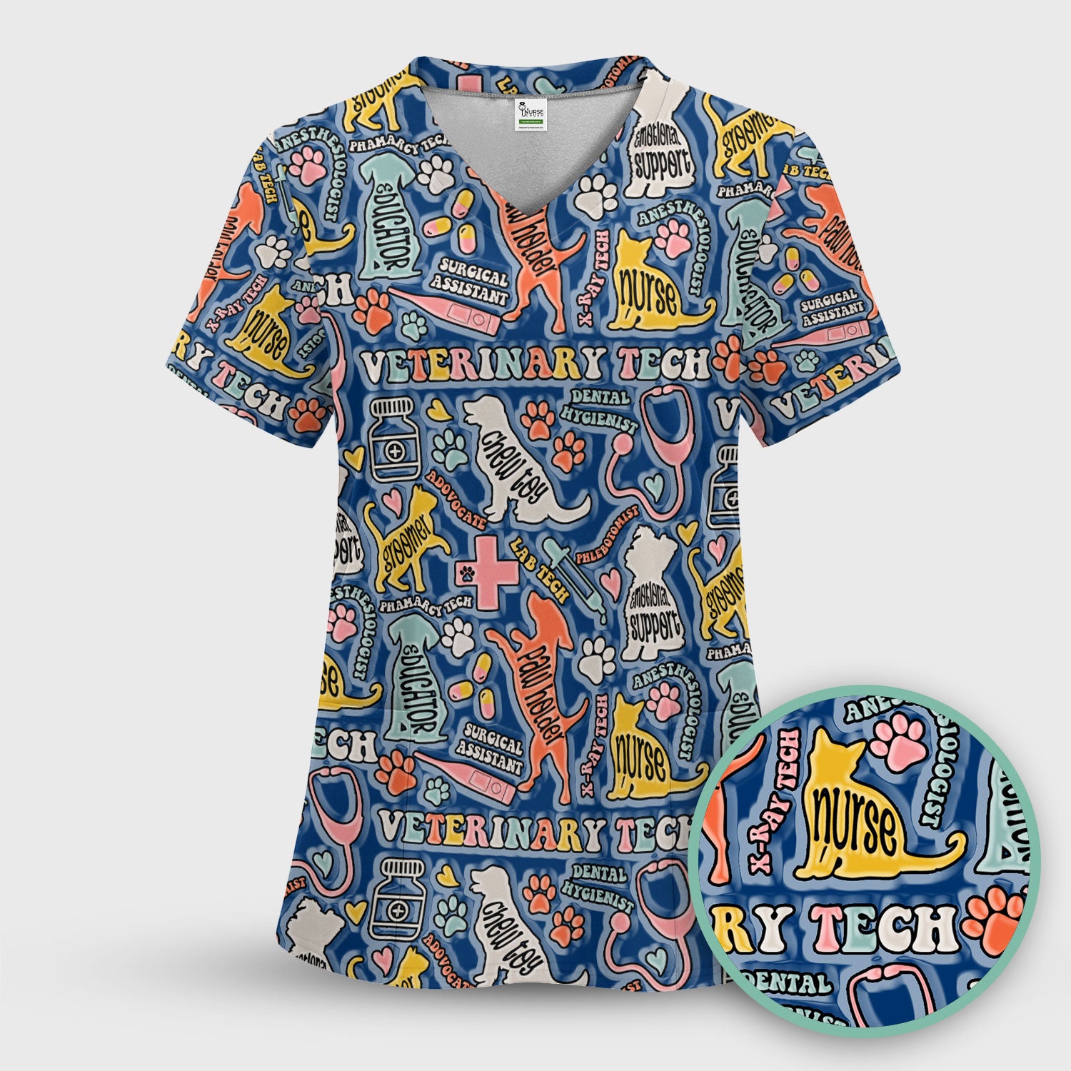 Veterinary Tech Nurse Scrub Top - Dog Cat Pet Medical Shirt - Funny Vet Tech Animal Scrubs for Women LPN RN CNA