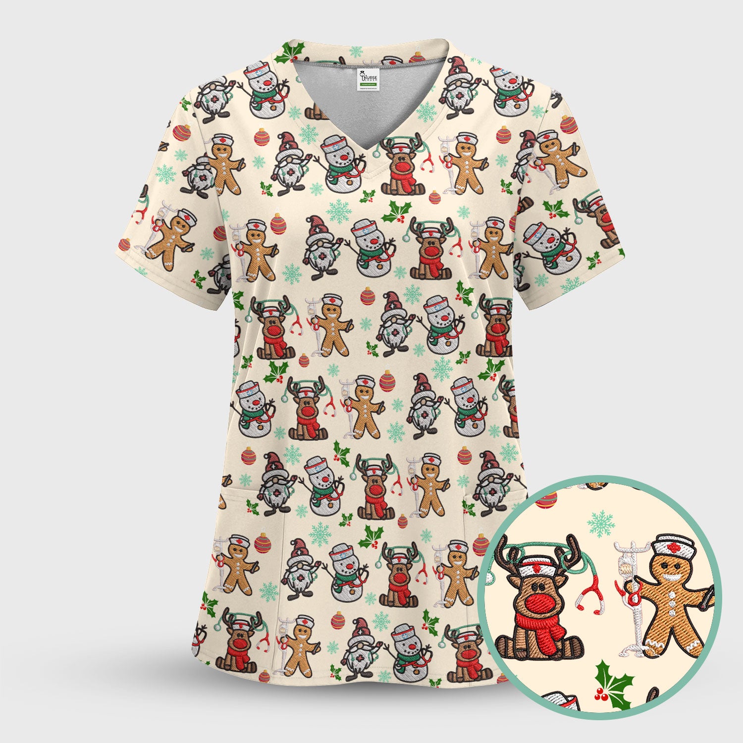 Christmas Gingerbread Scrubs for Women - Comfortable Scrubs for Nurses - Reindeer Santa Med Shirt - Breathable Fabrics Nursing Uniform