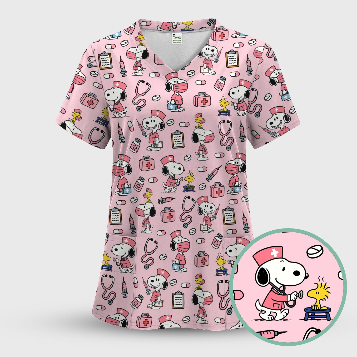 Snoopy Nurse Scrub Top for Women - Custom Medical Scrub Shirt Multi Colors - Cute Cartoon Nursing Work Shirt with Pockets