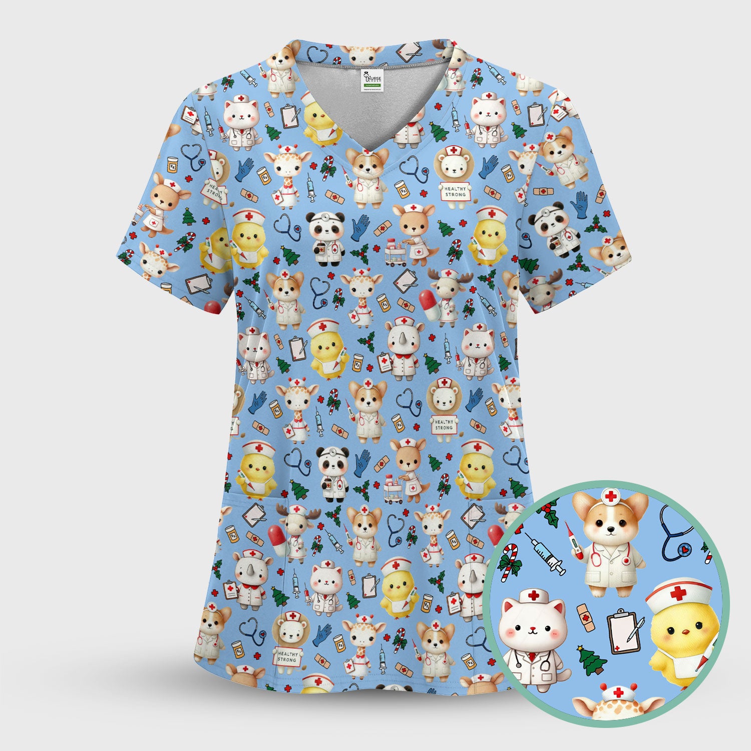 Comfortable Scrubs for Nurses - Women's Scrub Sets - Blue Scrub Pants and V Neck Top - Puppy Print Nursing Uniform