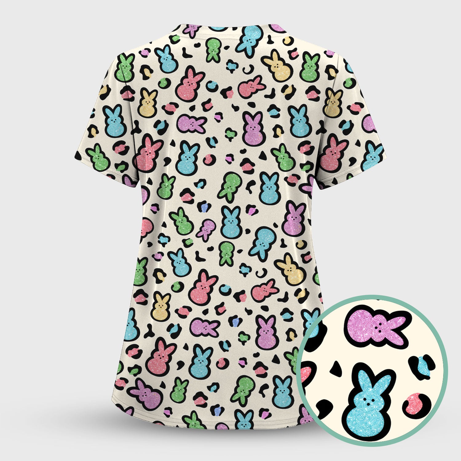 Cute Easter Bunny Pastel Pattern Scrub Set, Scrub Pants and V Neck Top
