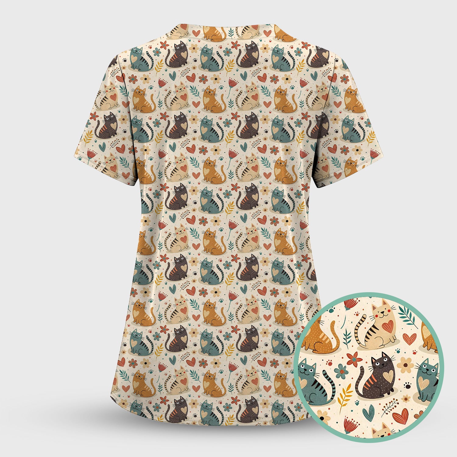 Cute Kitty Print V Neck Scrub Set for Nurses, Floral Medical Uniform