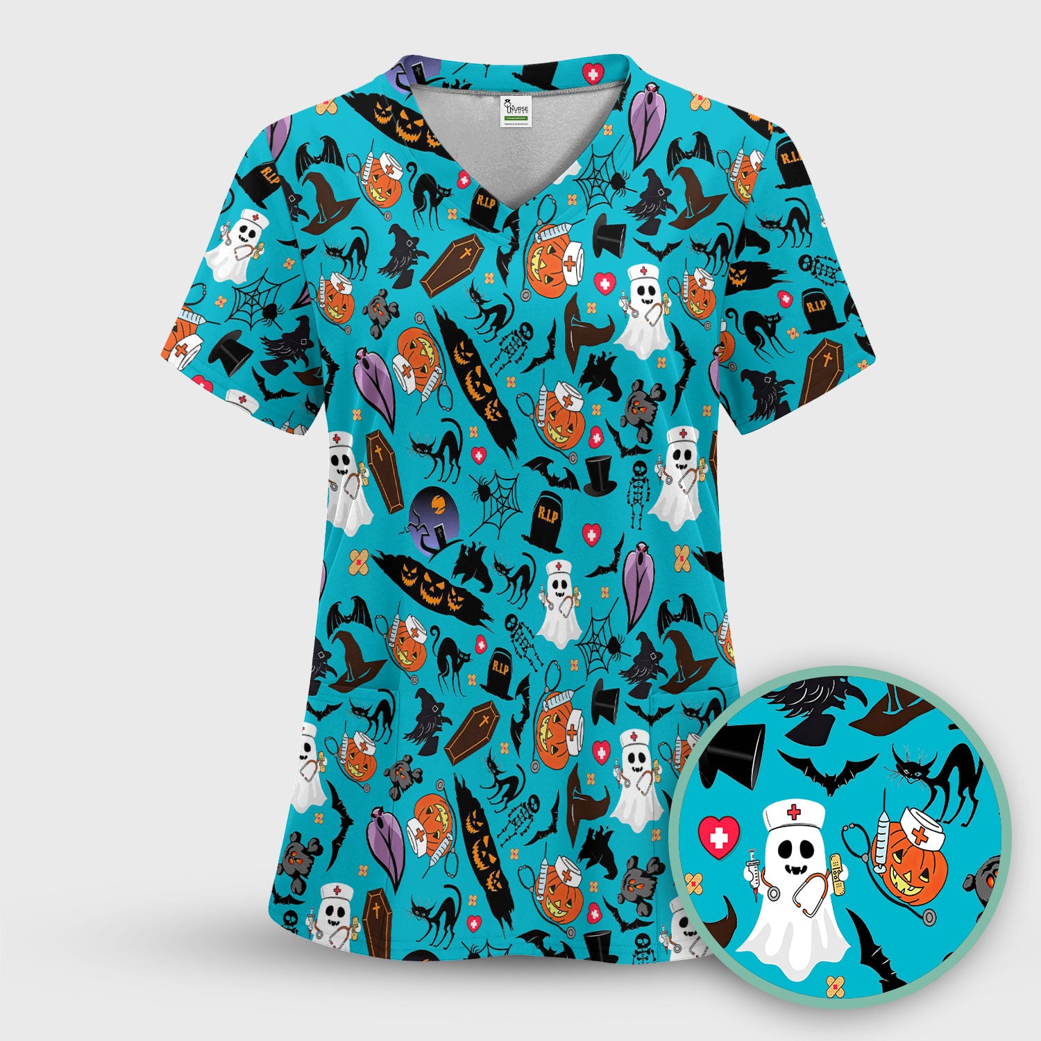 Spooky Halloween Scrub Top - Pumpkin Ghost Bat Nurse Shirt - Wicked Witch Medical Uniform for Women RN CNA LPN