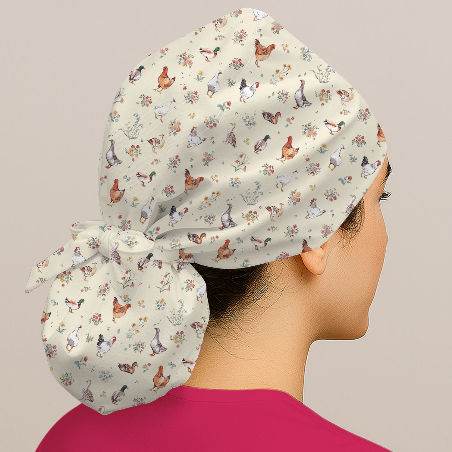 Farm Chicken Duck Floral Pattern Caps, Bouffant Scrub Caps for Women
