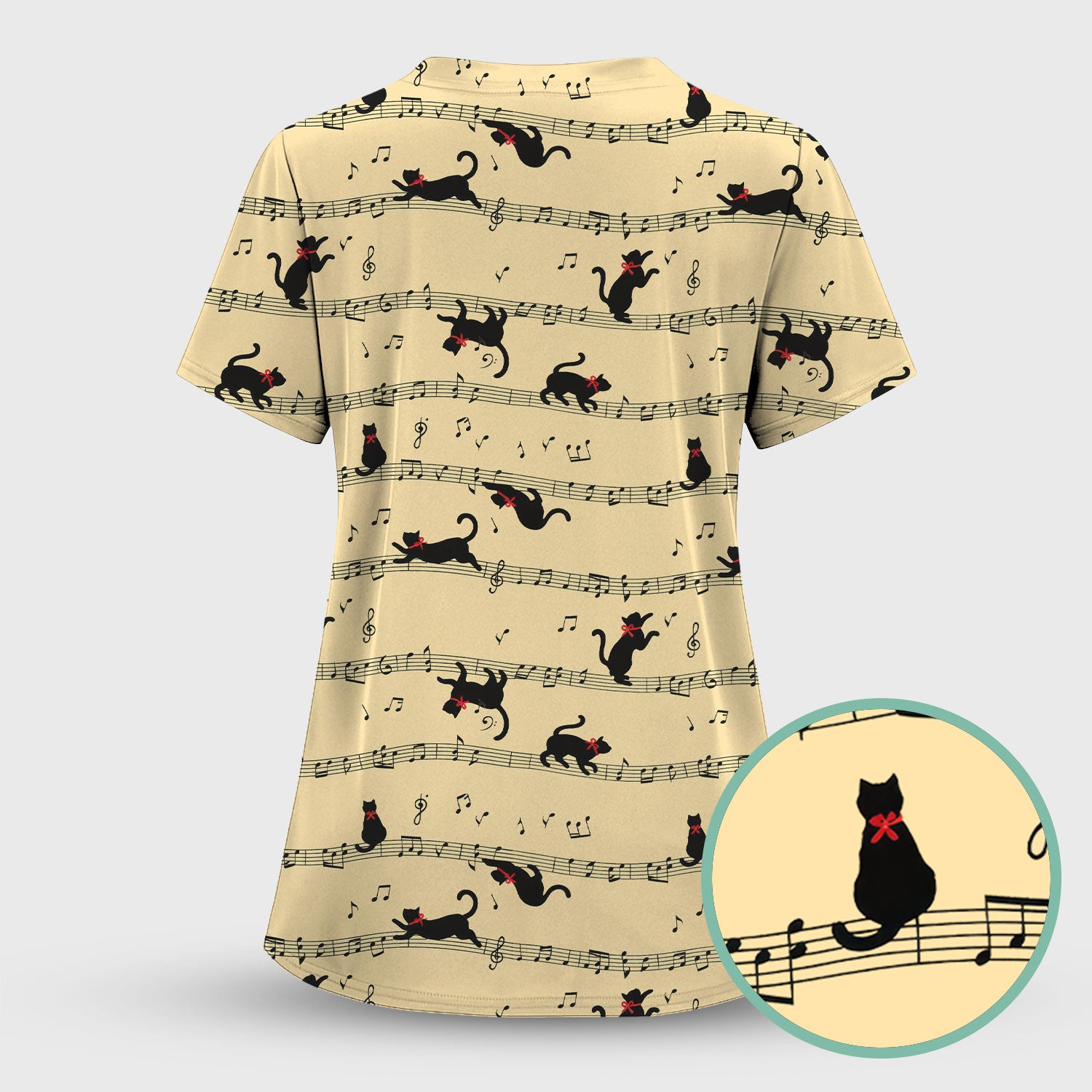 Cute Dancing Black Cat Music Staff Pattern Scrub Top, Comfortable Scrubs for Nurses