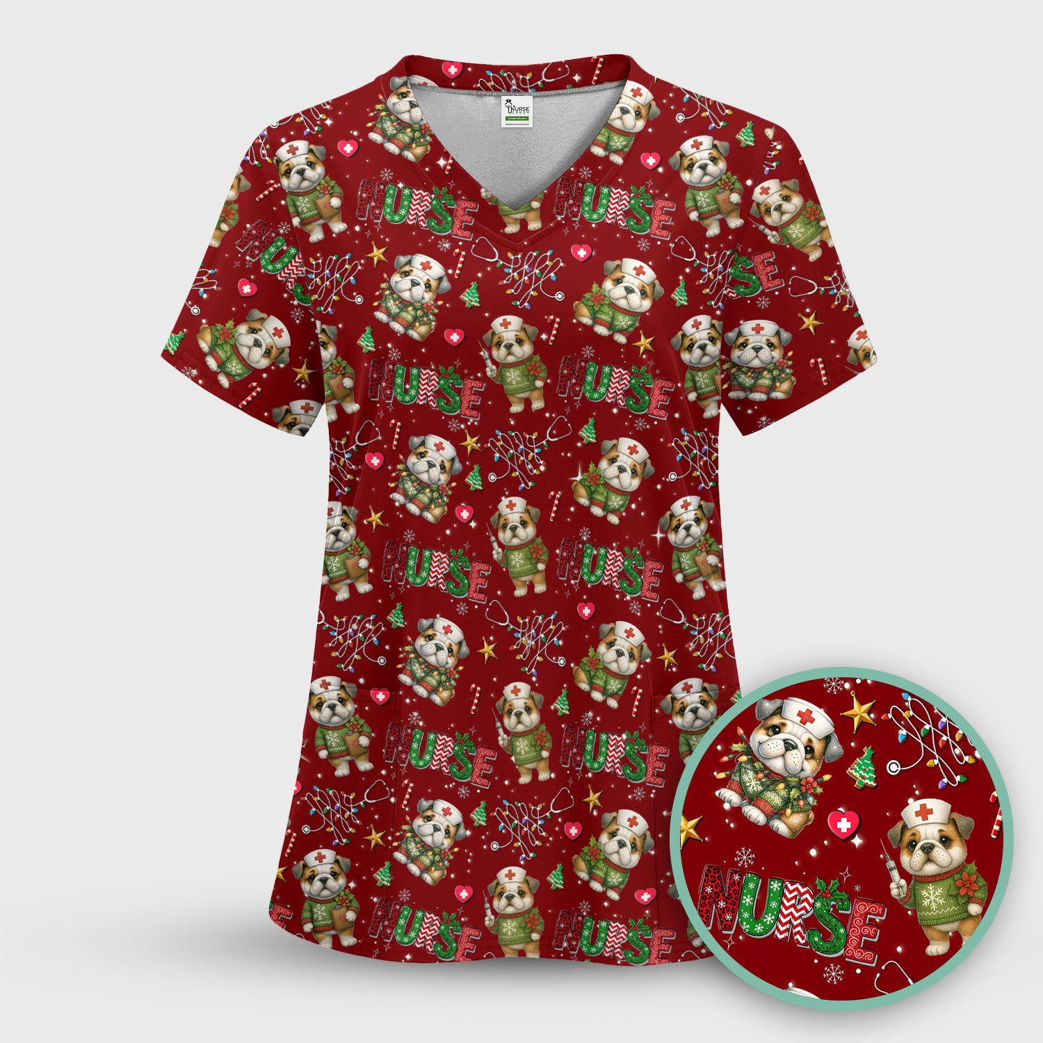 Bulldog Christmas Nurse Scrub Top - Funny Dog Scrub Shirt - Cute Holiday Medical Uniform for Women RN LPN CNA Gift