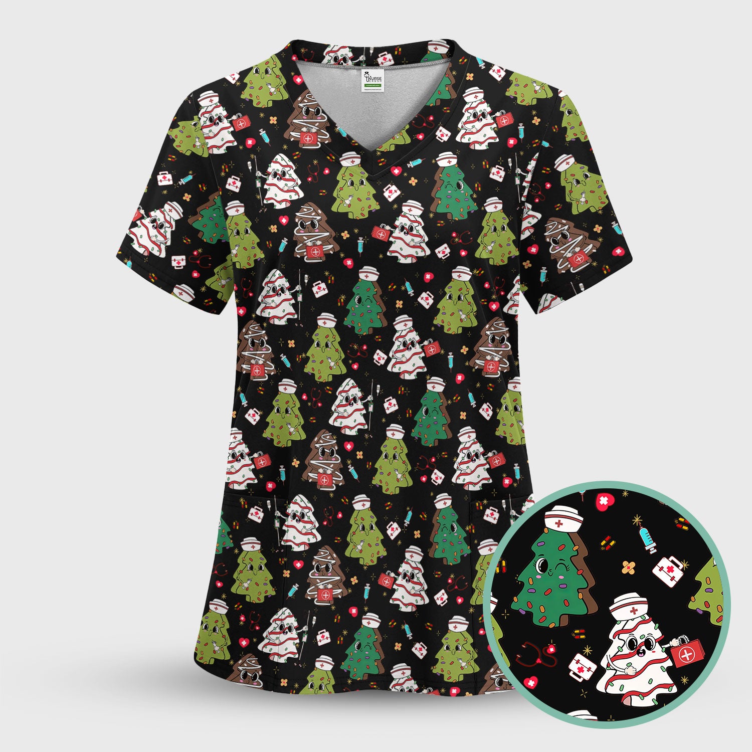 Christmas Nursing Scrub Top for Women - Festive Tree Medical Shirt - Cute Holiday RN CNA LPN Gift