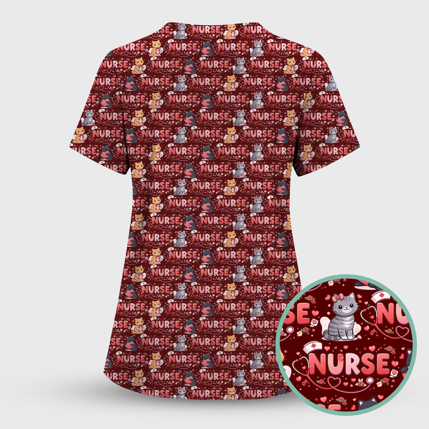 Nurse Cat Heart Pattern Valentine Scrub Set, Women's Scrub Sets V Neck Top