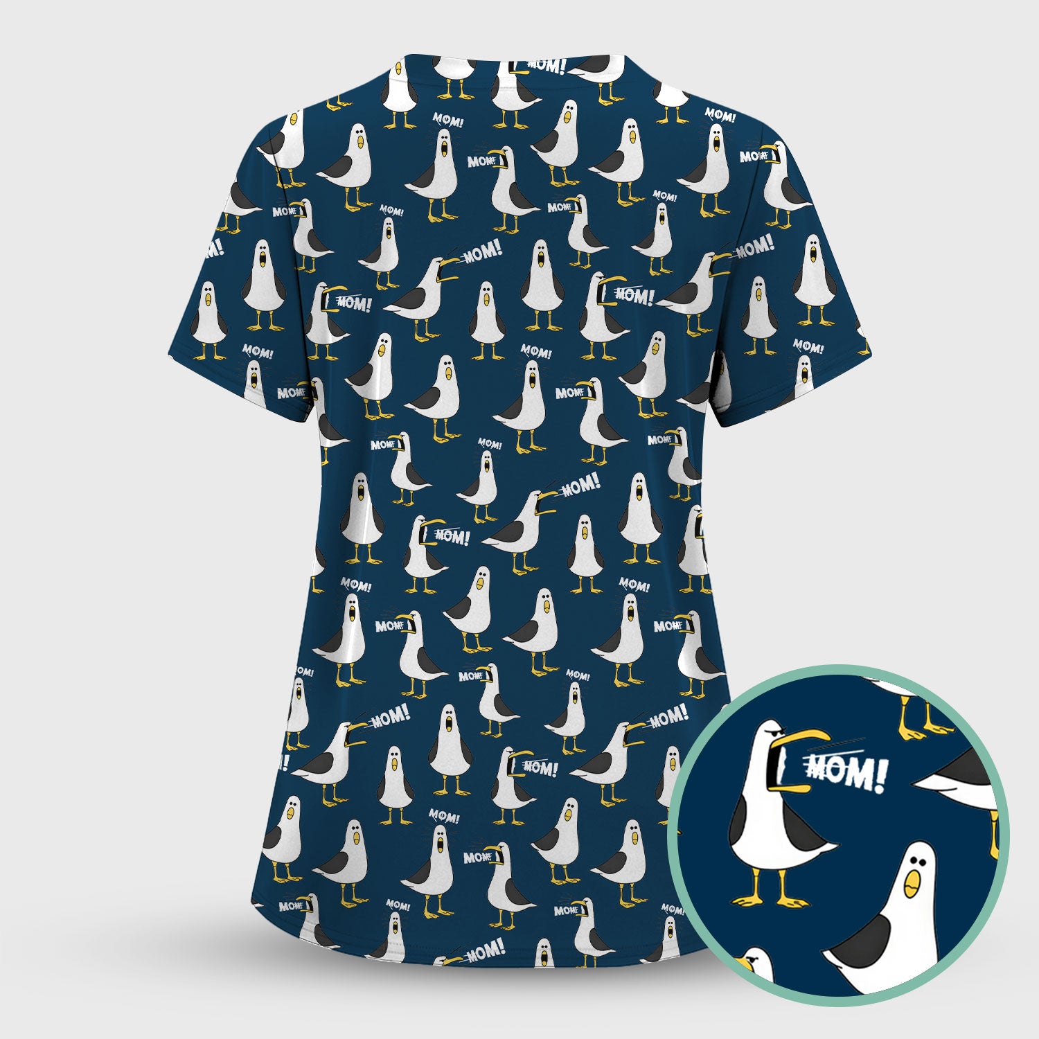 Funny Seagull Mom Seamless Pattern Scrub Set, Scrub Pants and V Neck Top