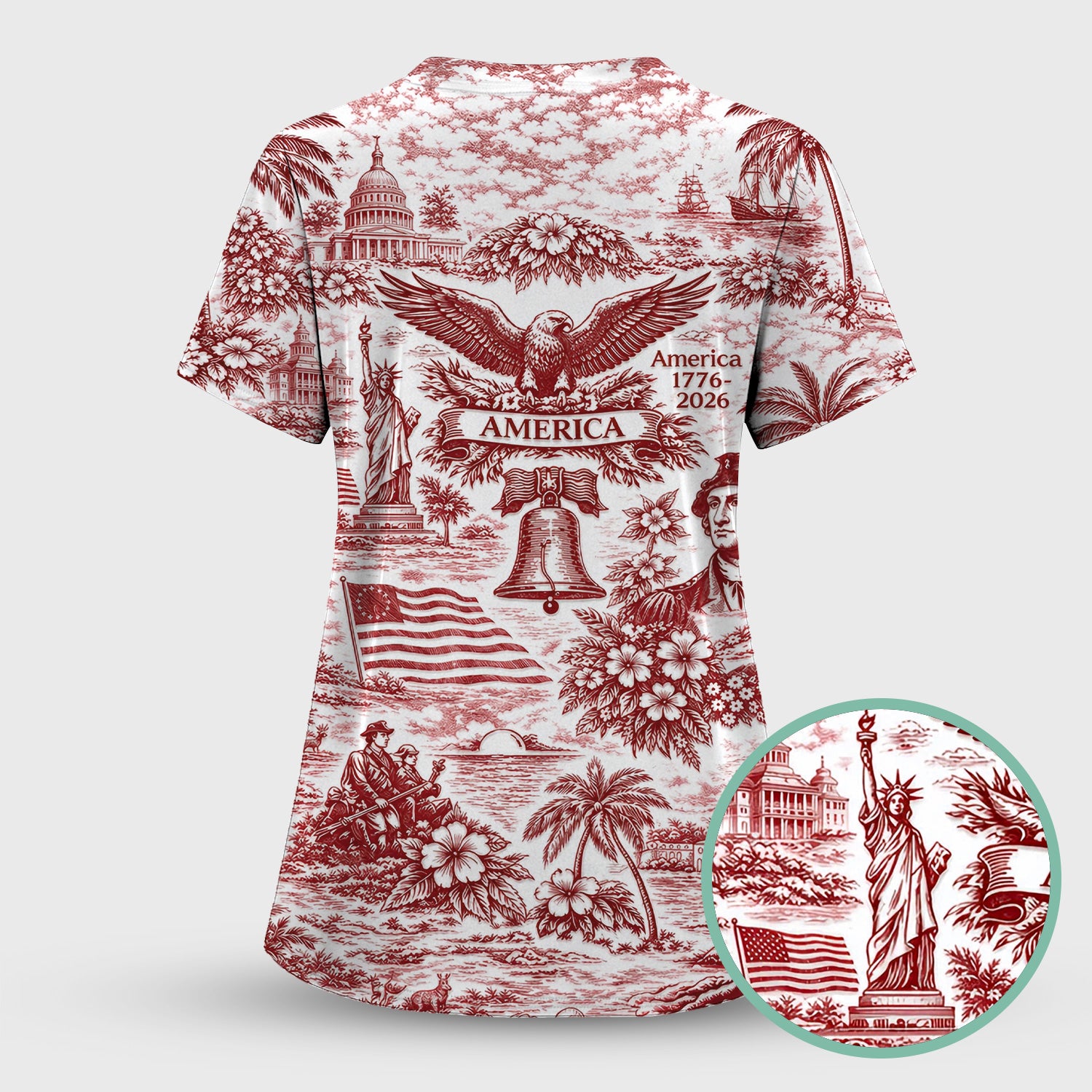 Patriotic America Heritage Toile Pattern Scrub Top, Breathable Fabrics Nursing Uniform