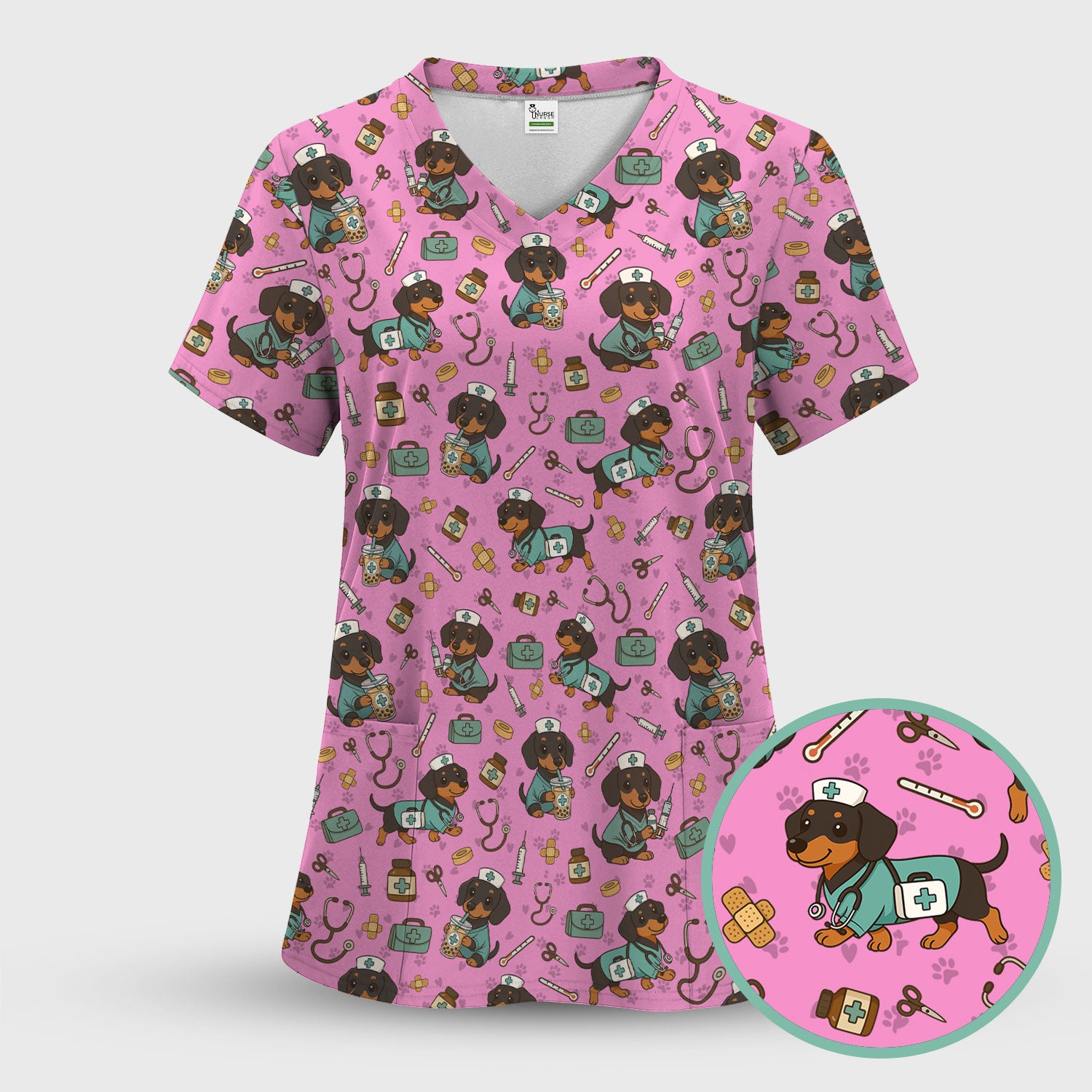 Funny Dachshund Nurse Scrubs - Cute Dog Print Medical Shirt - Holiday Nurse Scrub Top Gift for RN CNA Doctor, Women & Men