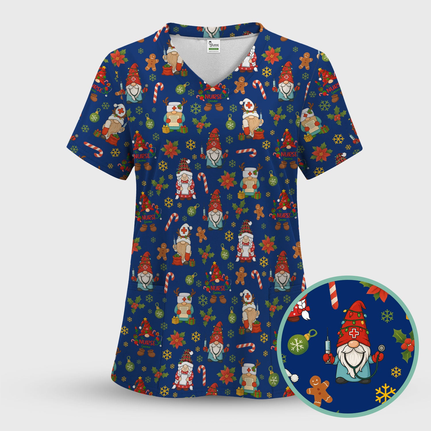 Christmas Gnome Nurse Scrub Top - Cute Holiday Santa Reindeer Print Scrubs - Funny Xmas Medical Scrub Shirt Gift for Women, CNA, RN, Doctor