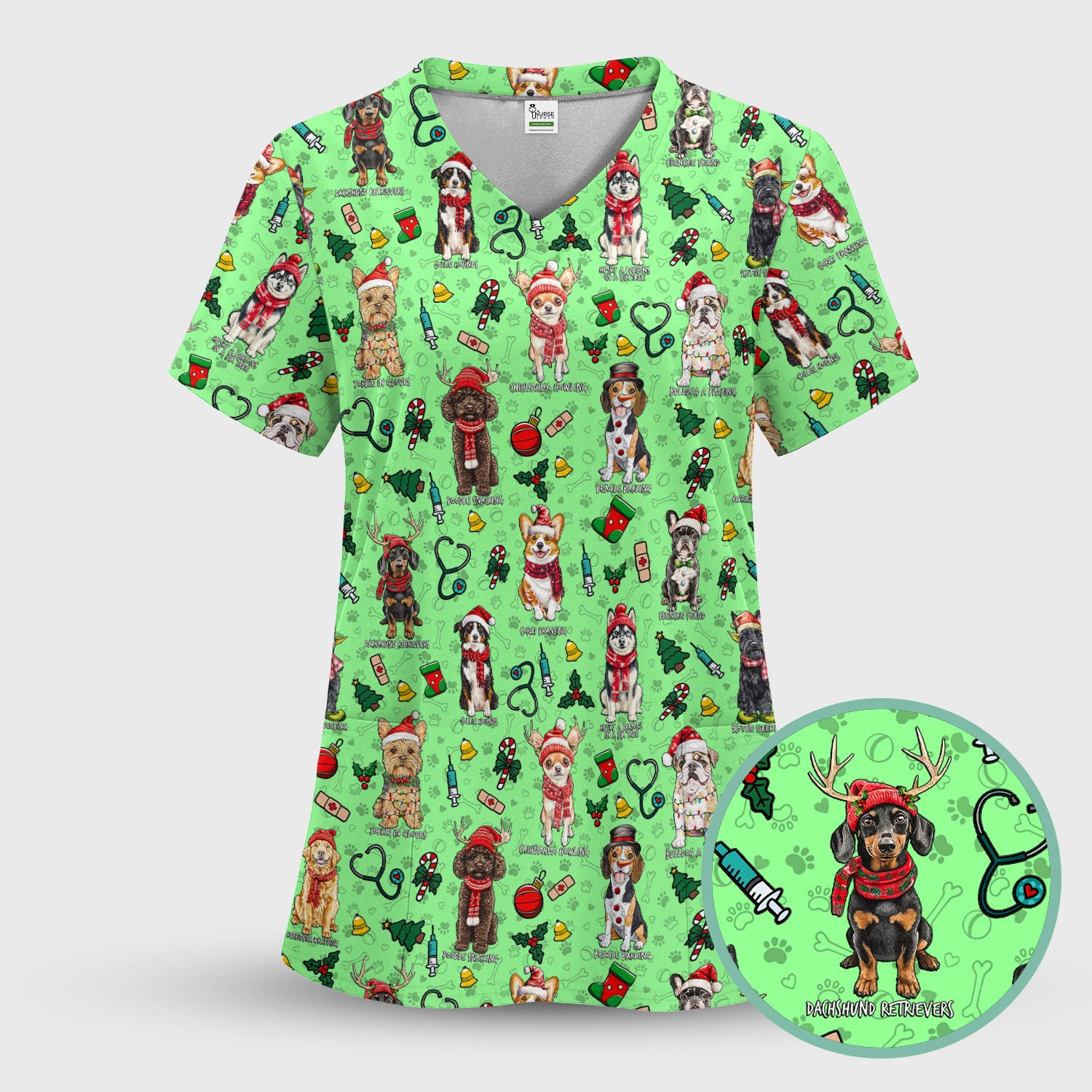 Cute Christmas Dog Scrubs for Nurses - Corgi, Dachshund, Husky, Poodle & Labrador - Funny Holiday Medical Scrub Top for Women