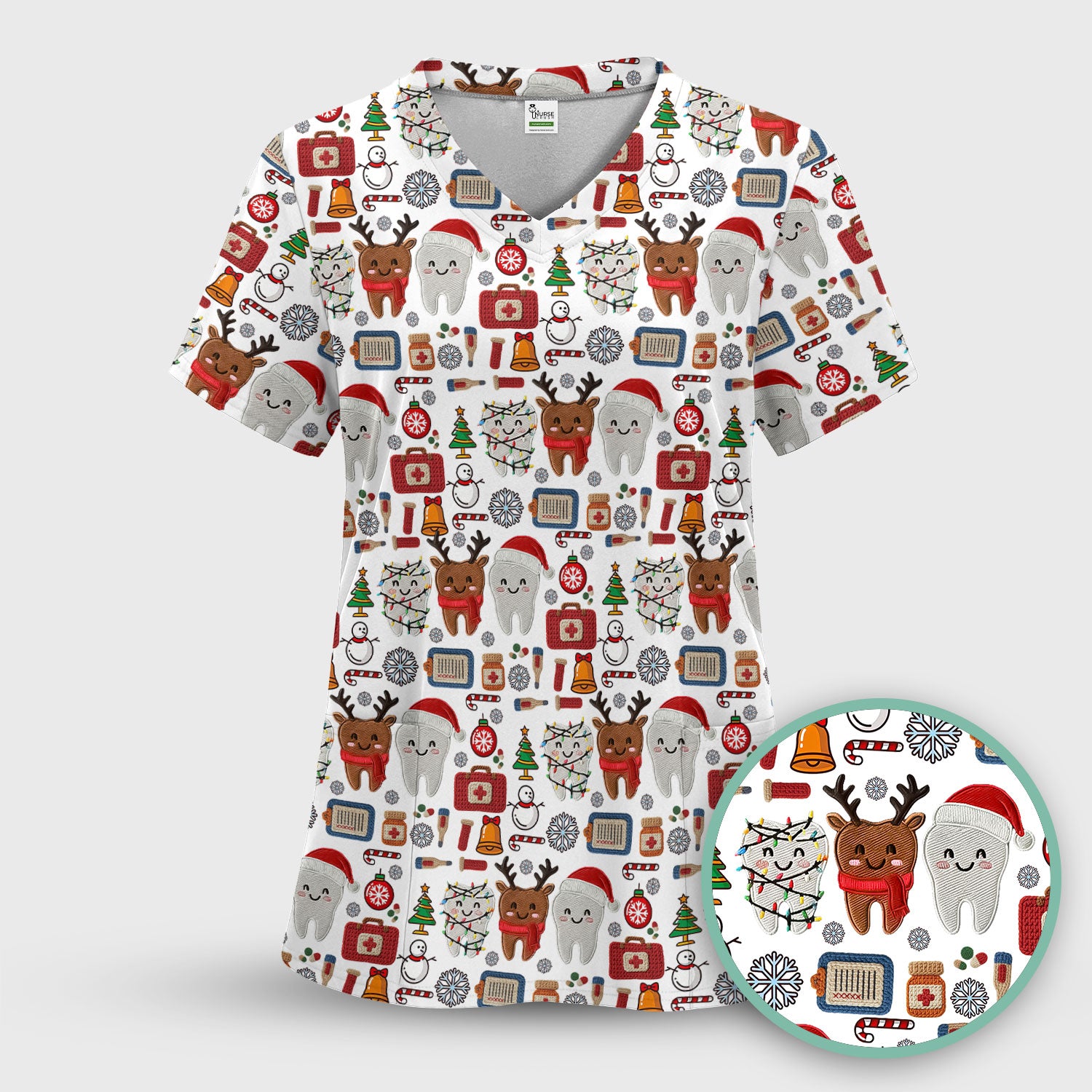 Christmas Dental Scrub Top - Cute Santa & Reindeer Tooth Shirt - Funny Holiday Medical Uniform for Dentists, Hygienists & Nurses