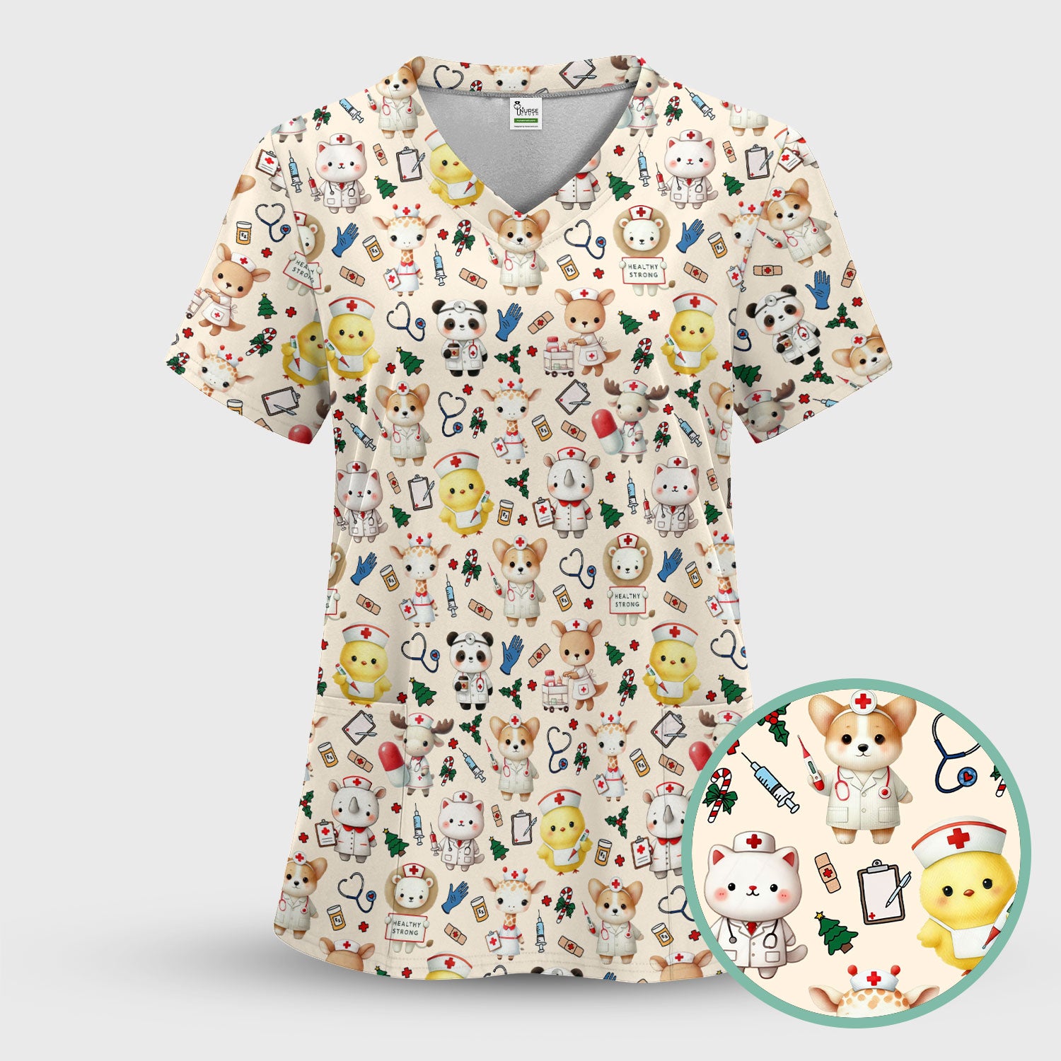 Comfortable Scrubs for Nurses - Women's Scrub Sets - Blue Scrub Pants and V Neck Top - Puppy Print Nursing Uniform