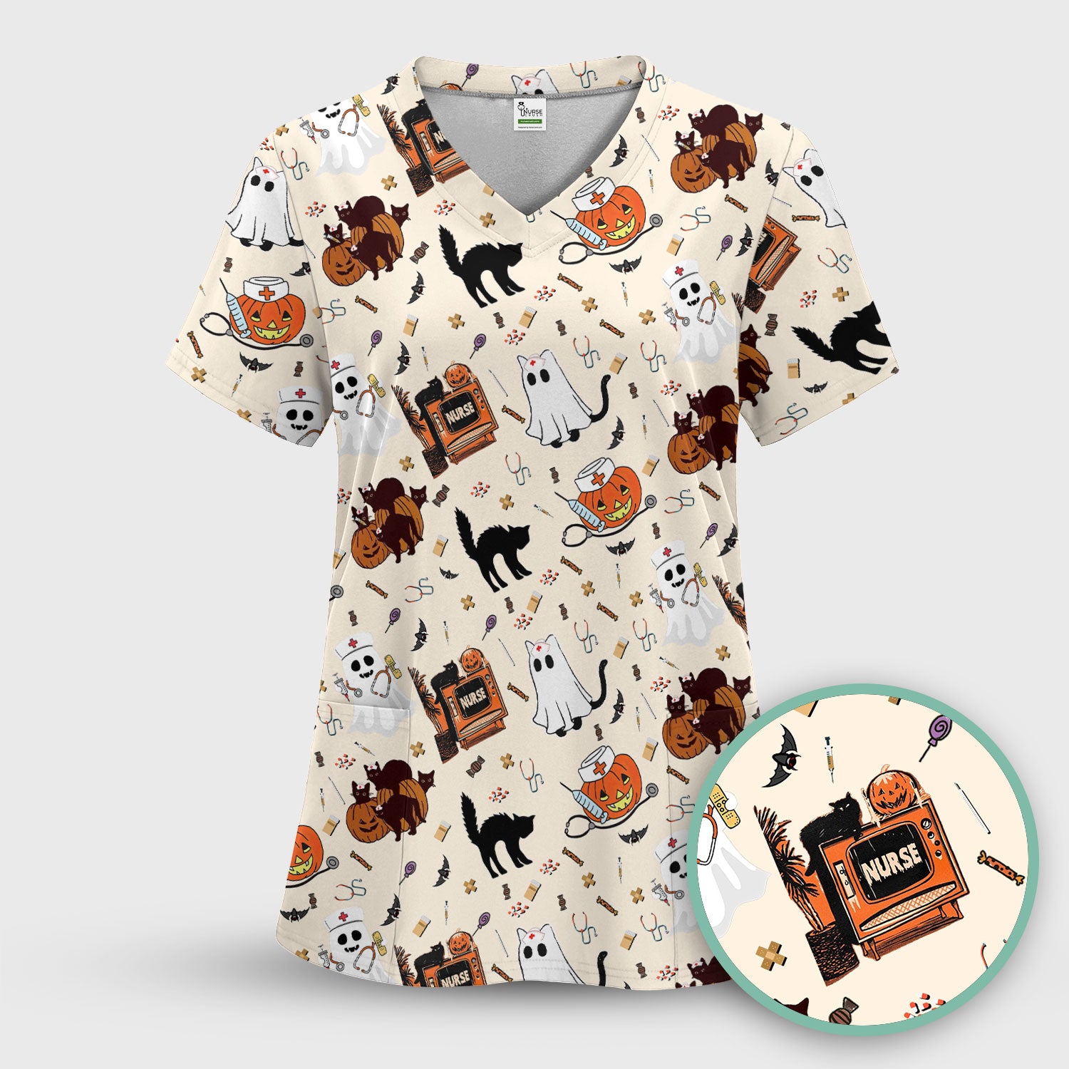 Halloween Scrub Top for Nurse - Cute Pumpkin Ghost Cat Medical Shirt - Spooky Scrubs for Women RN CNA LPN
