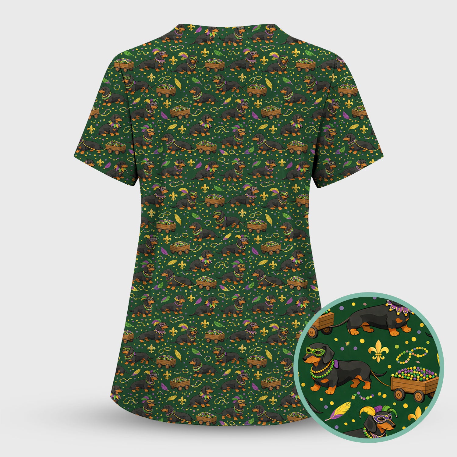 Funny Mardi Gras Dachshund Scrub Top, Festival Wiener Dog Pattern Nurse Shirt, Breathable Fabrics Nursing Uniform