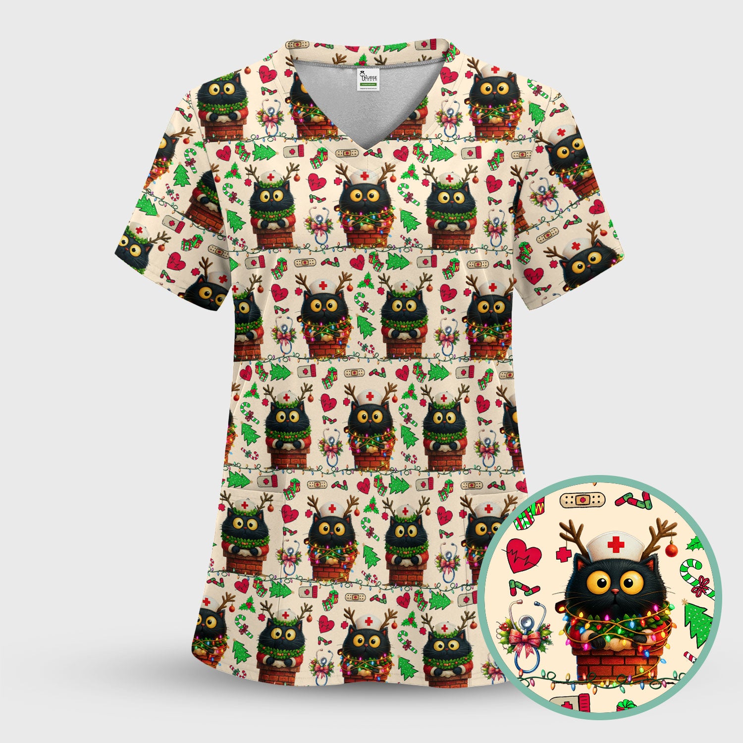 Funny Black Cat Scrub Top for Nurse - Cute Reindeer Cat with Christmas Lights Shirt - Festive Holiday Medical Gift for RN CNA LPN