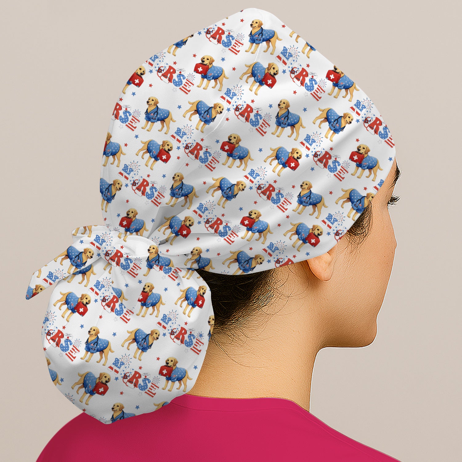 Patriotic Nurse Dog Medical Pattern Cap, Bouffant Scrub Caps for Women