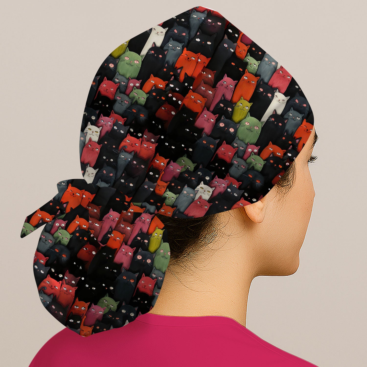 Cat Pattern Nurse Scrub Cap, Artistic Cat Nurses Hat For Women, Breathable Fabrics Nursing Uniform